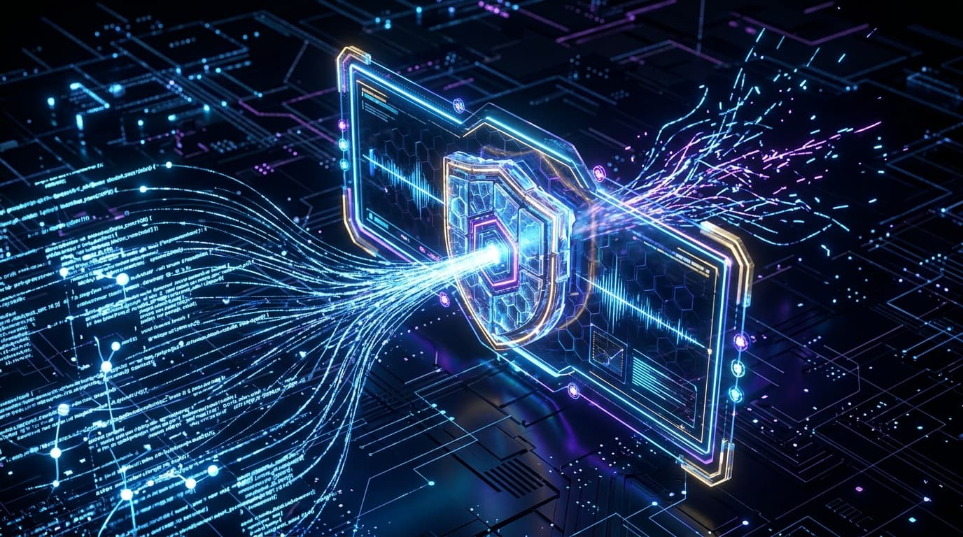 A digital abstract scene representing an AI firewall or API block, with glowing lines representing c