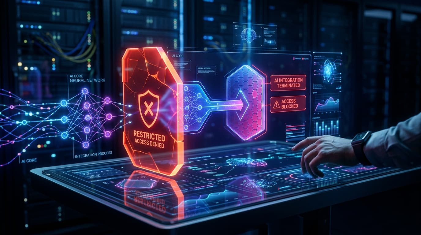 A modern, sleek digital interface showing an AI integration process being blocked or restricted with