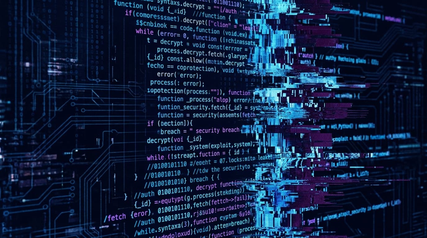 A modern, high-tech abstract representation of a cascading digital code matrix, with binary and prog