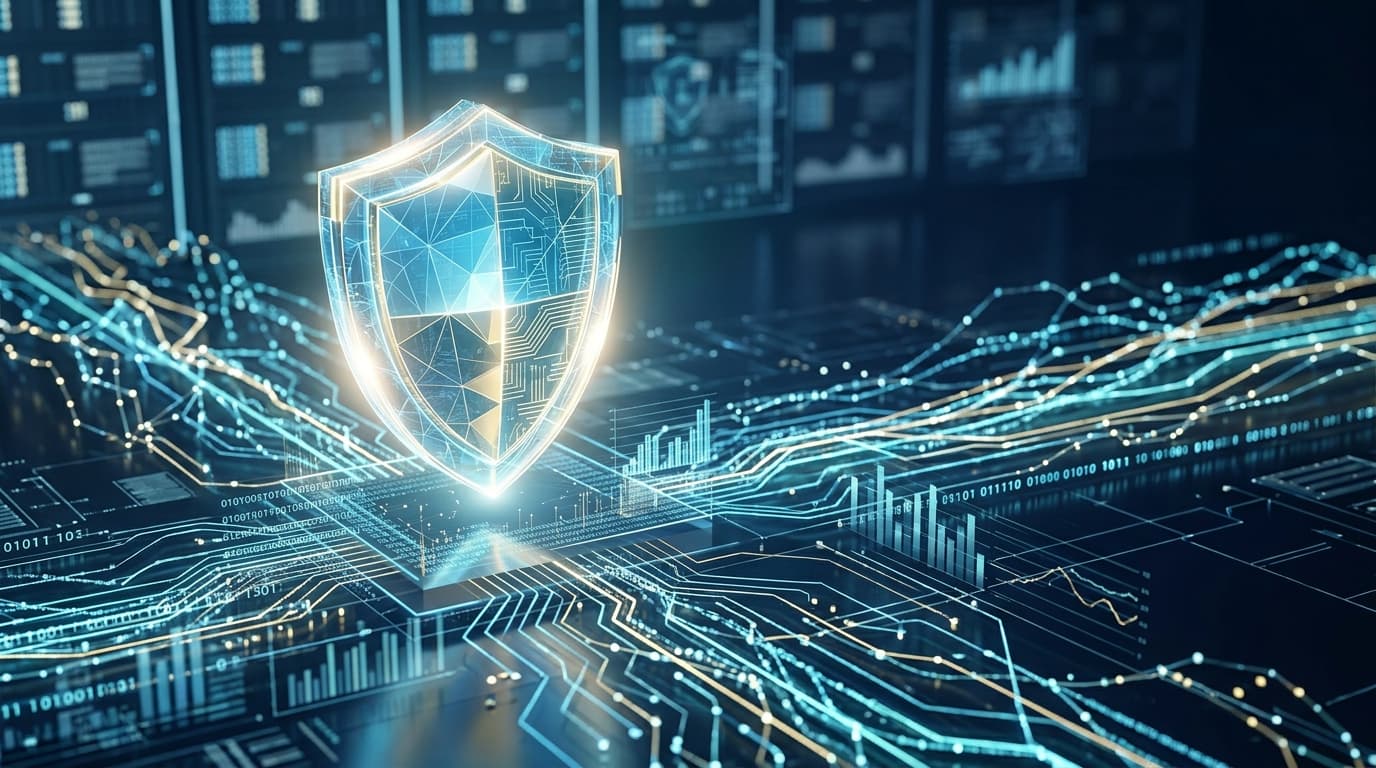 A glowing digital shield icon integrated into complex cybersecurity data visualization, futuristic b