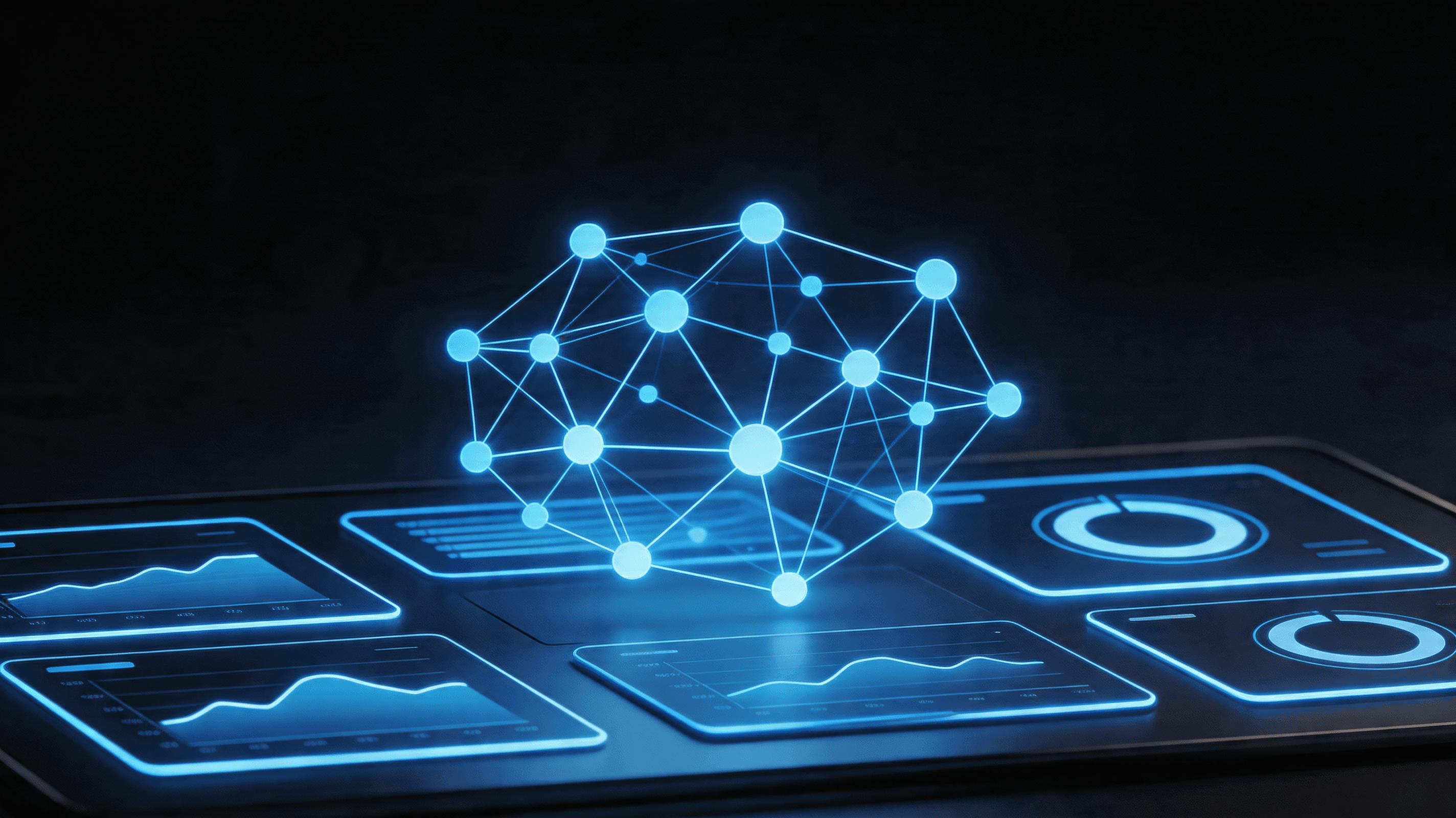 A futuristic digital security dashboard with a glowing blue abstract AI neural network interface on