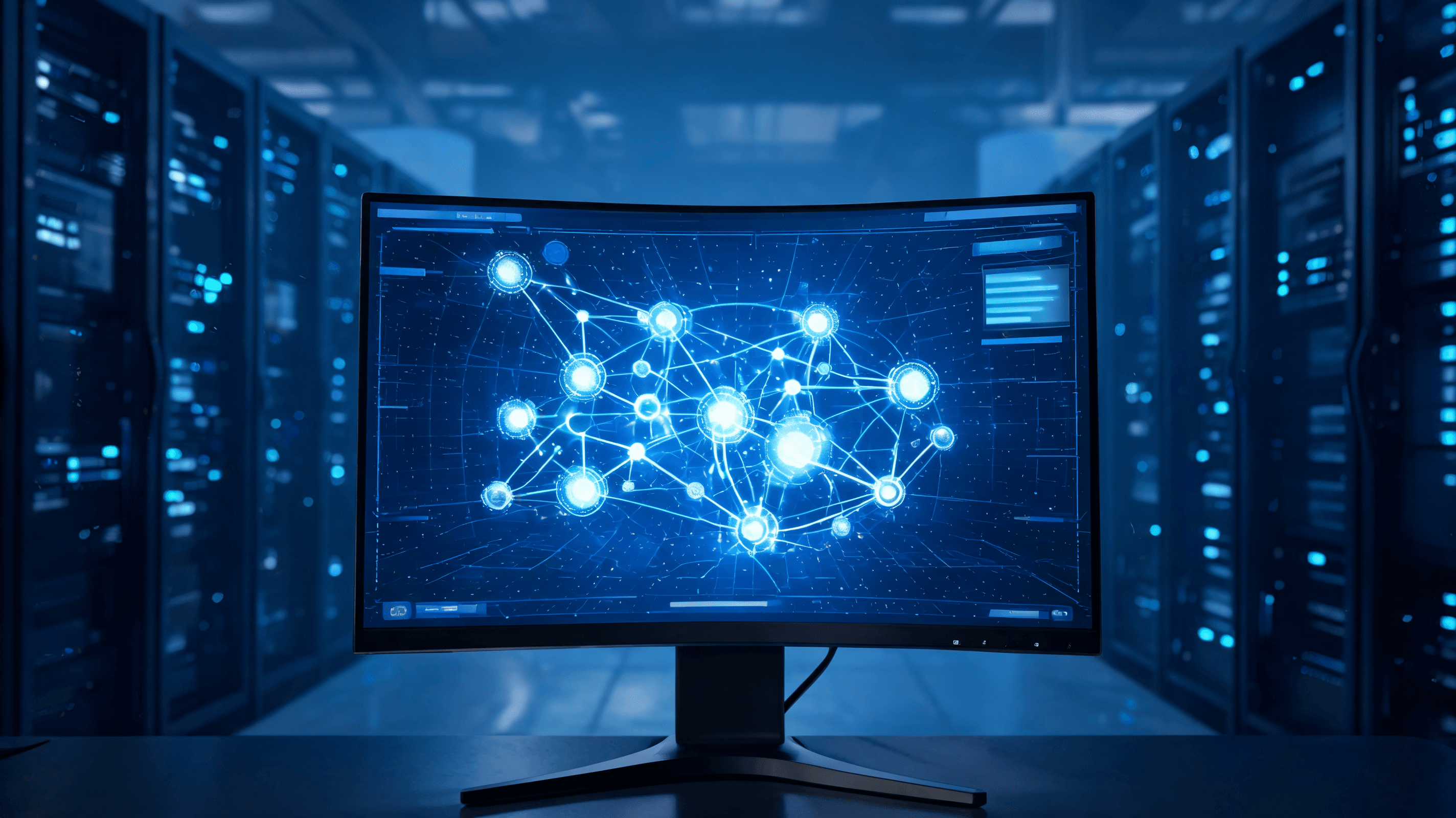 A modern, sleek corporate data center interface showing an glowing AI agent orchestration dashboard,