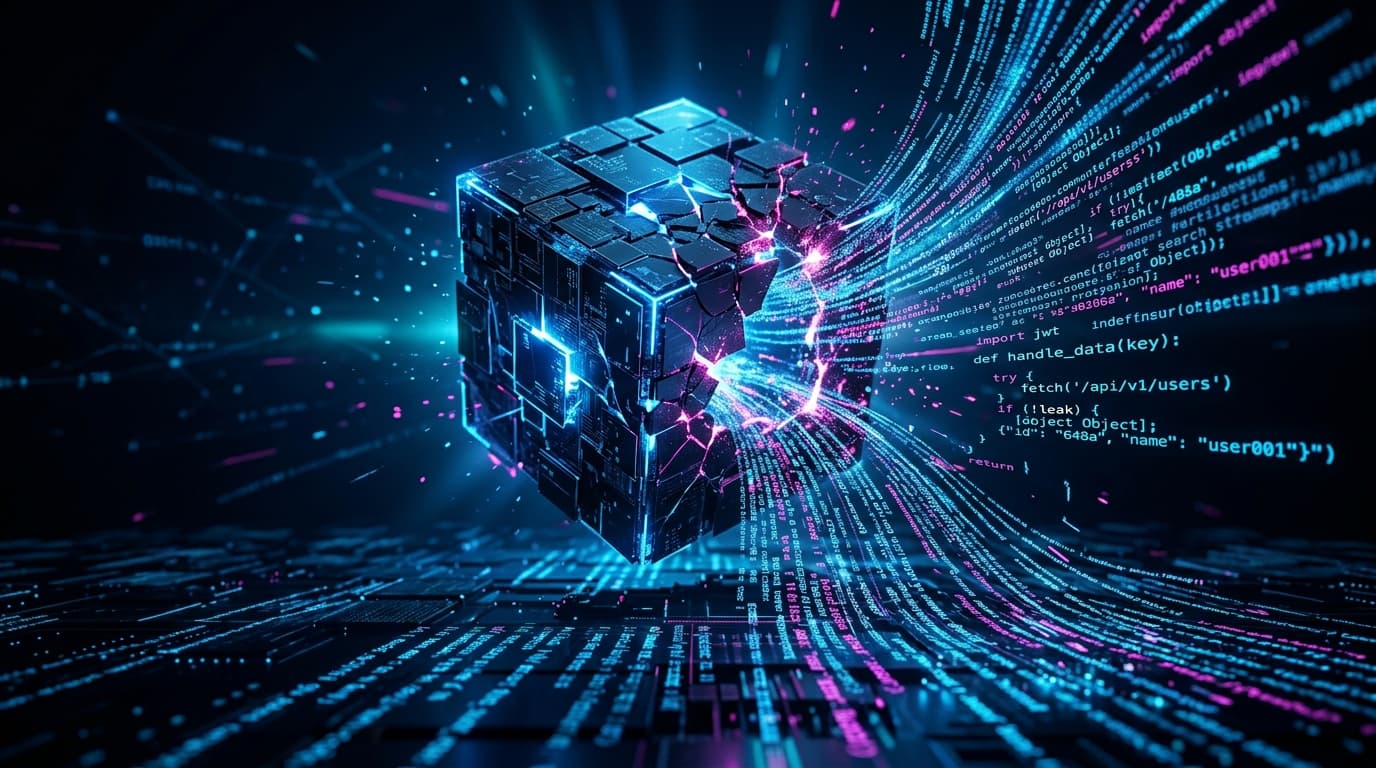 A modern, high-tech visual of computer source code flowing out of a cracked digital container onto a