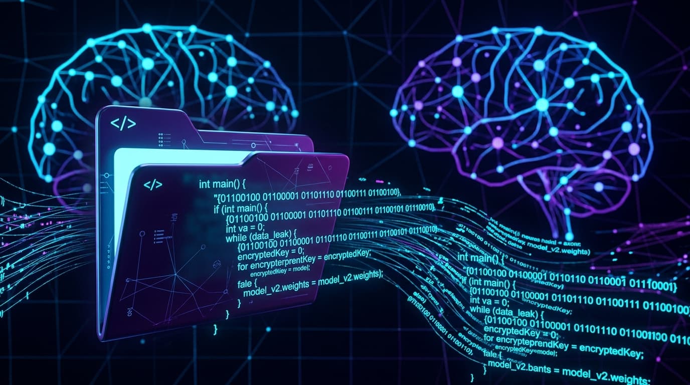 A digital graphic of computer code leaking from a folder, with abstract AI brain neural network silh