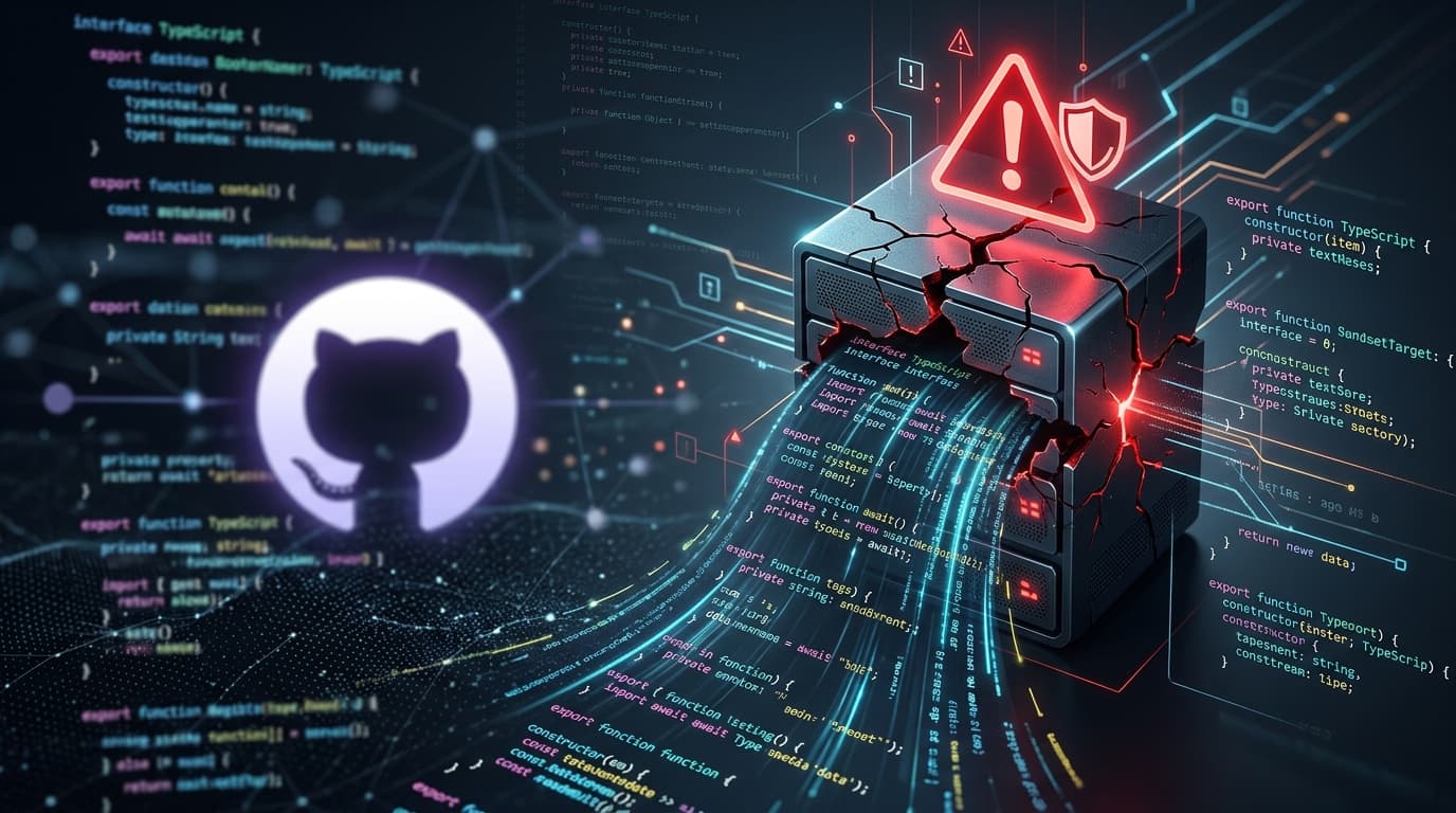 A digital representation of a code leak, featuring lines of TypeScript code spilling out of a broken
