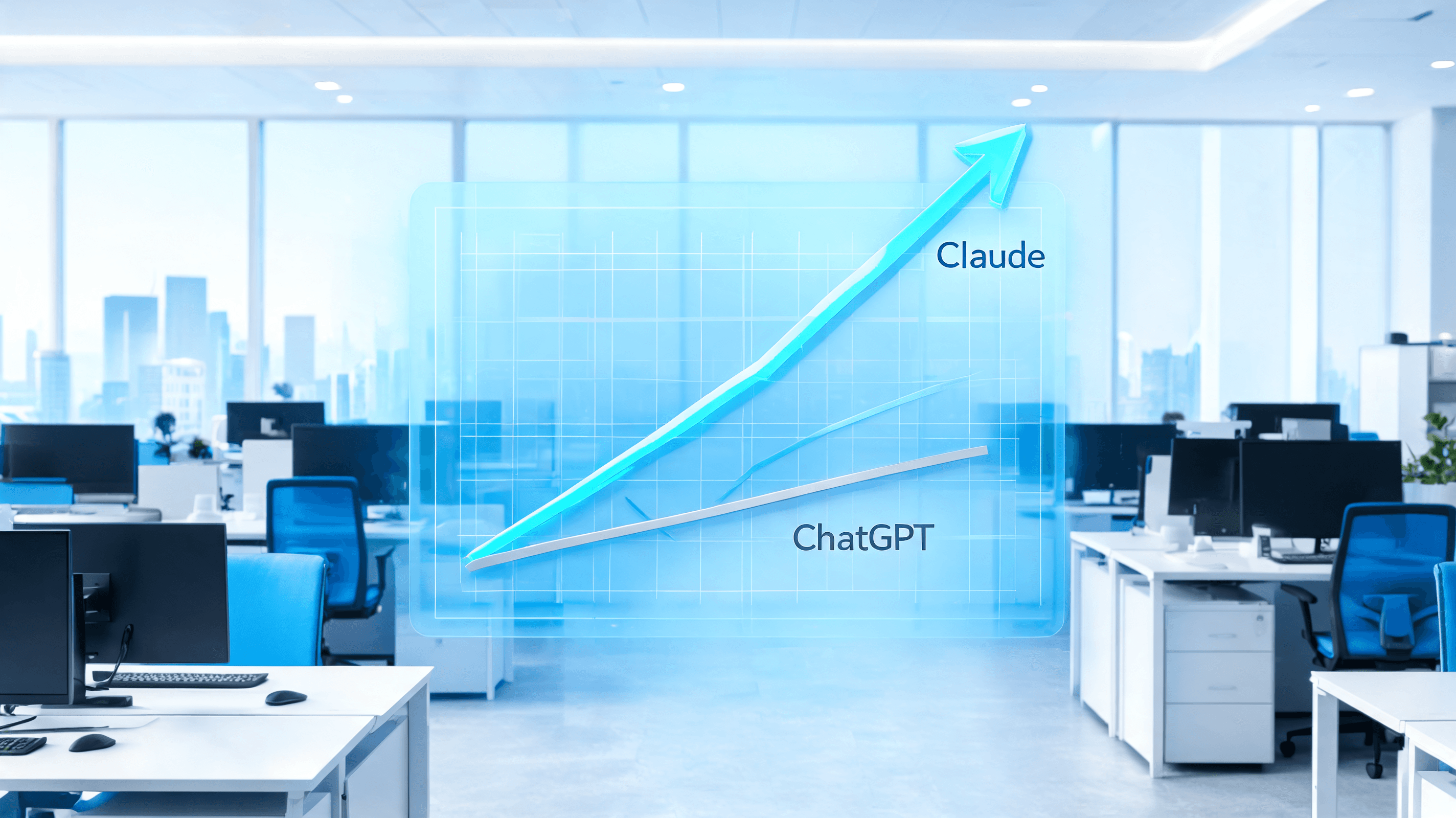 A modern, professional office interior with floating holographic charts showing an upward trend line
