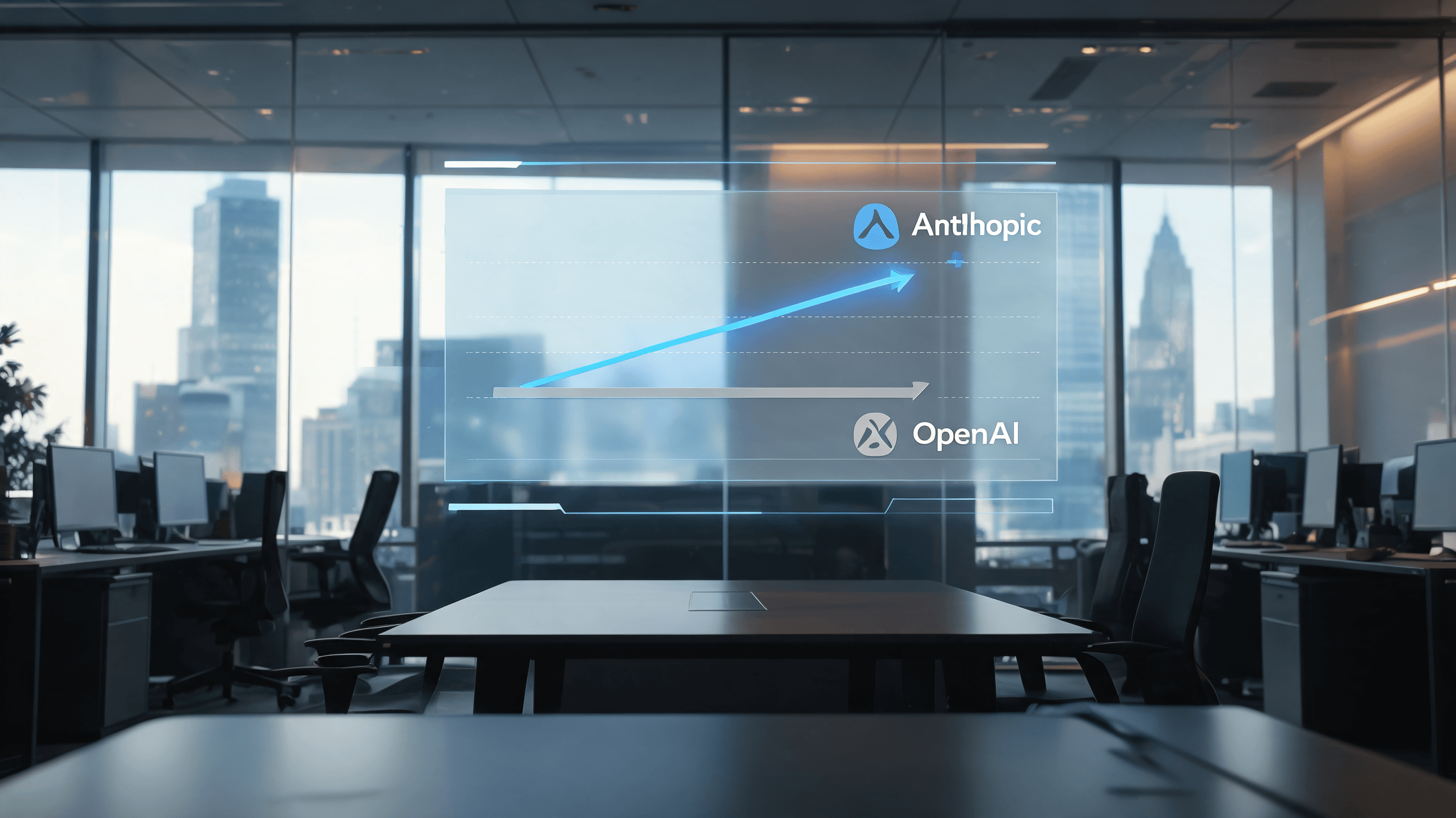 A modern, professional office environment with holographic data visualizations of market share chart