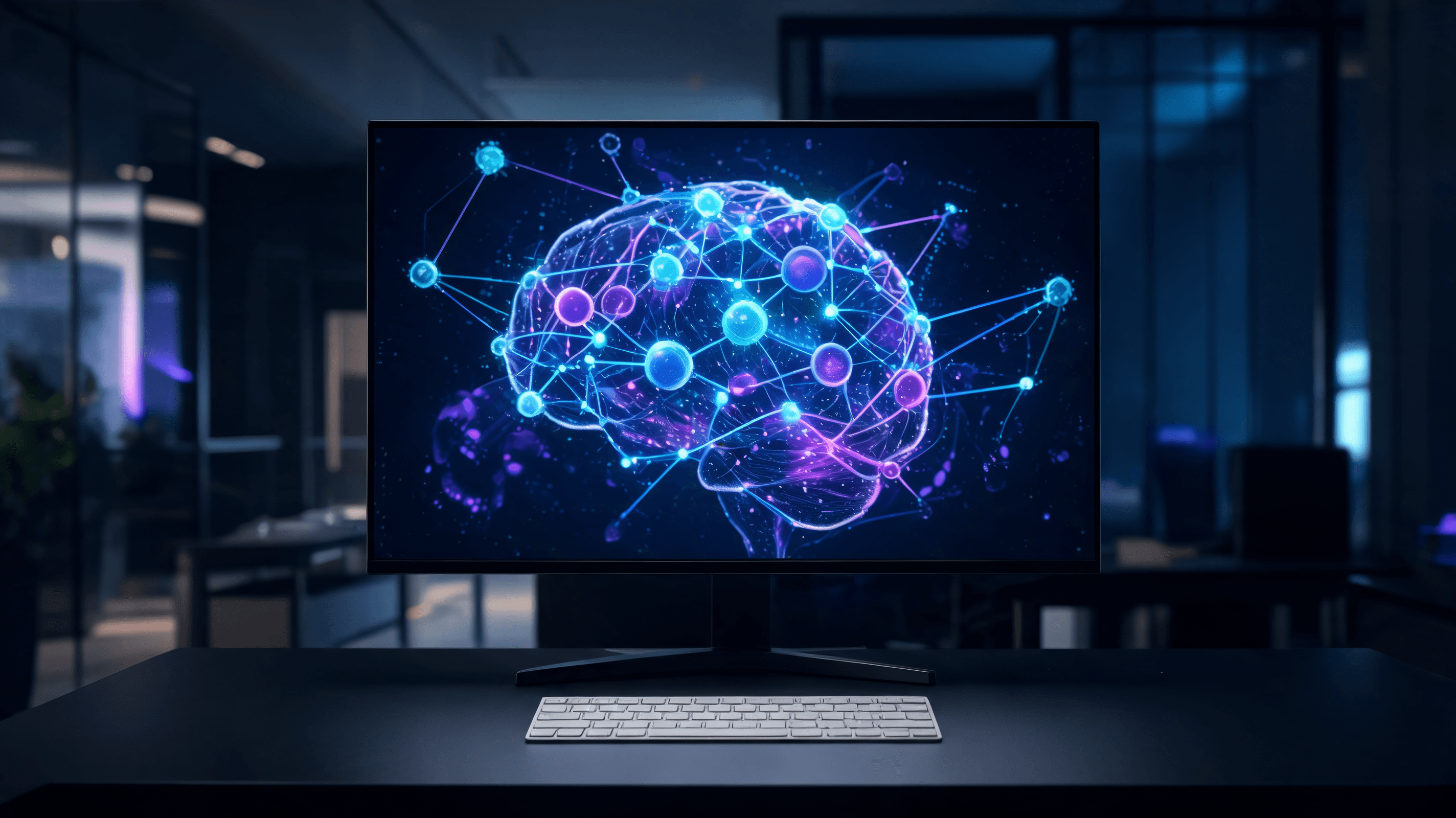 A futuristic digital workspace featuring a glowing, abstract neural network representing AI reflecti