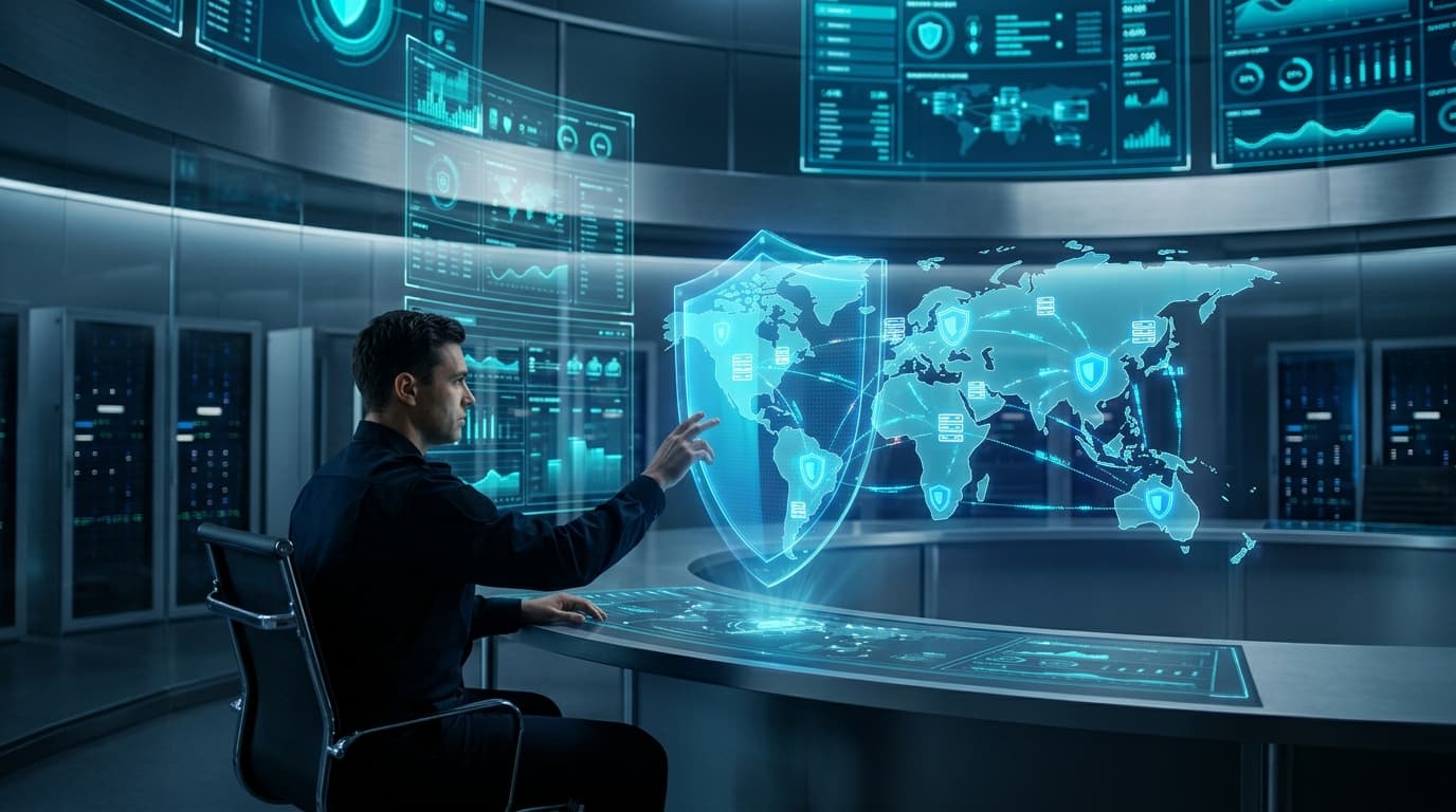 A futuristic digital security command center with glowing holographic shields protecting global serv