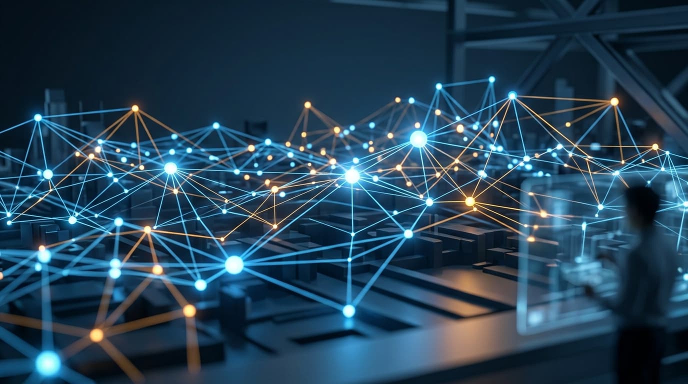 Digital representation of cybersecurity nodes, glowing blue and amber lines connecting complex data