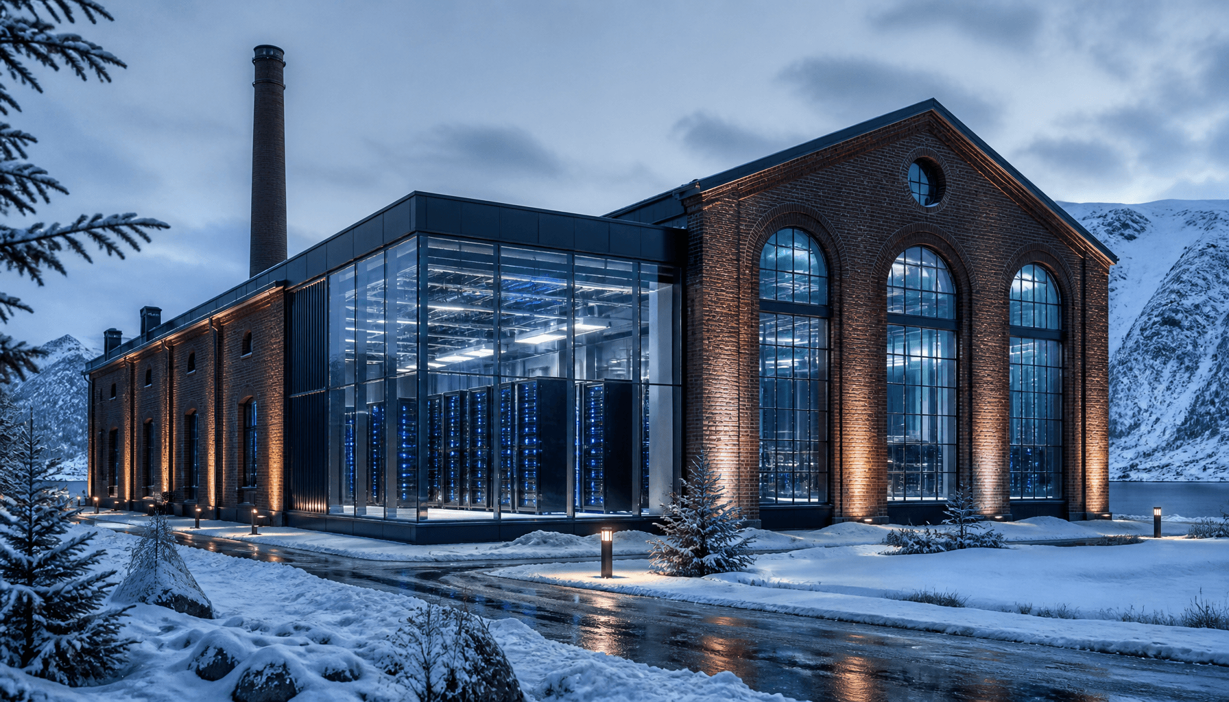 A modern, high-tech server farm inside a renovated industrial building in a snowy landscape, represe