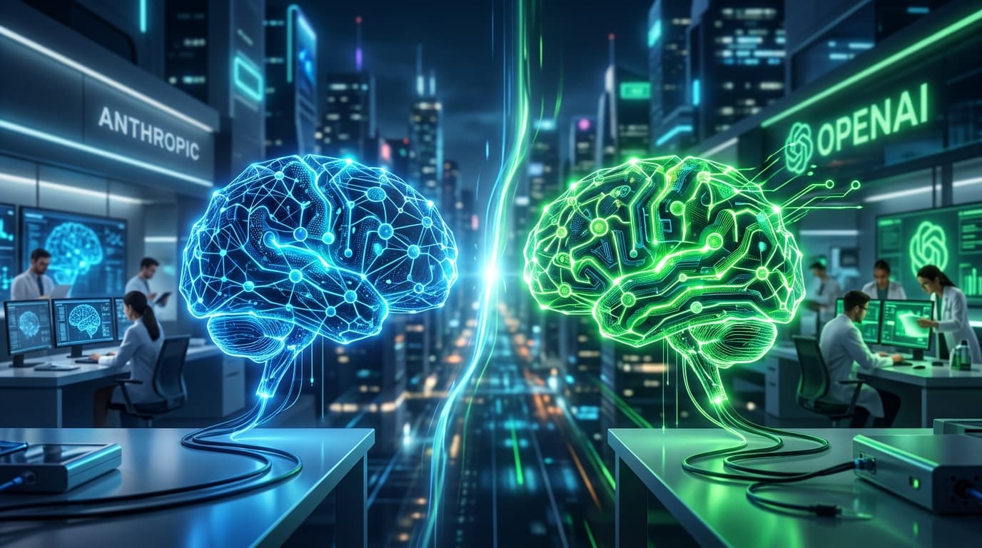A digital illustration showing a high-tech competition between two corporate AI labs, with contrasti