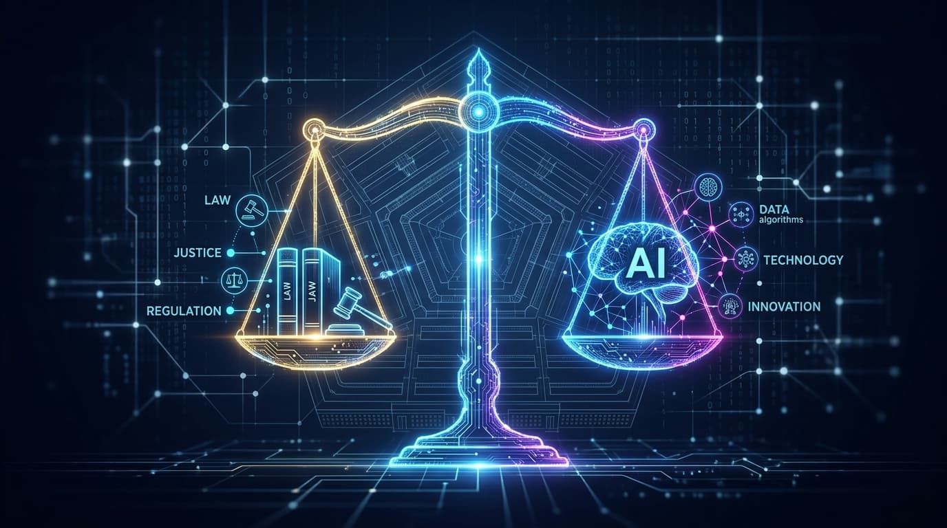 A modern, abstract digital representation of legal scales balancing against an artificial intelligen