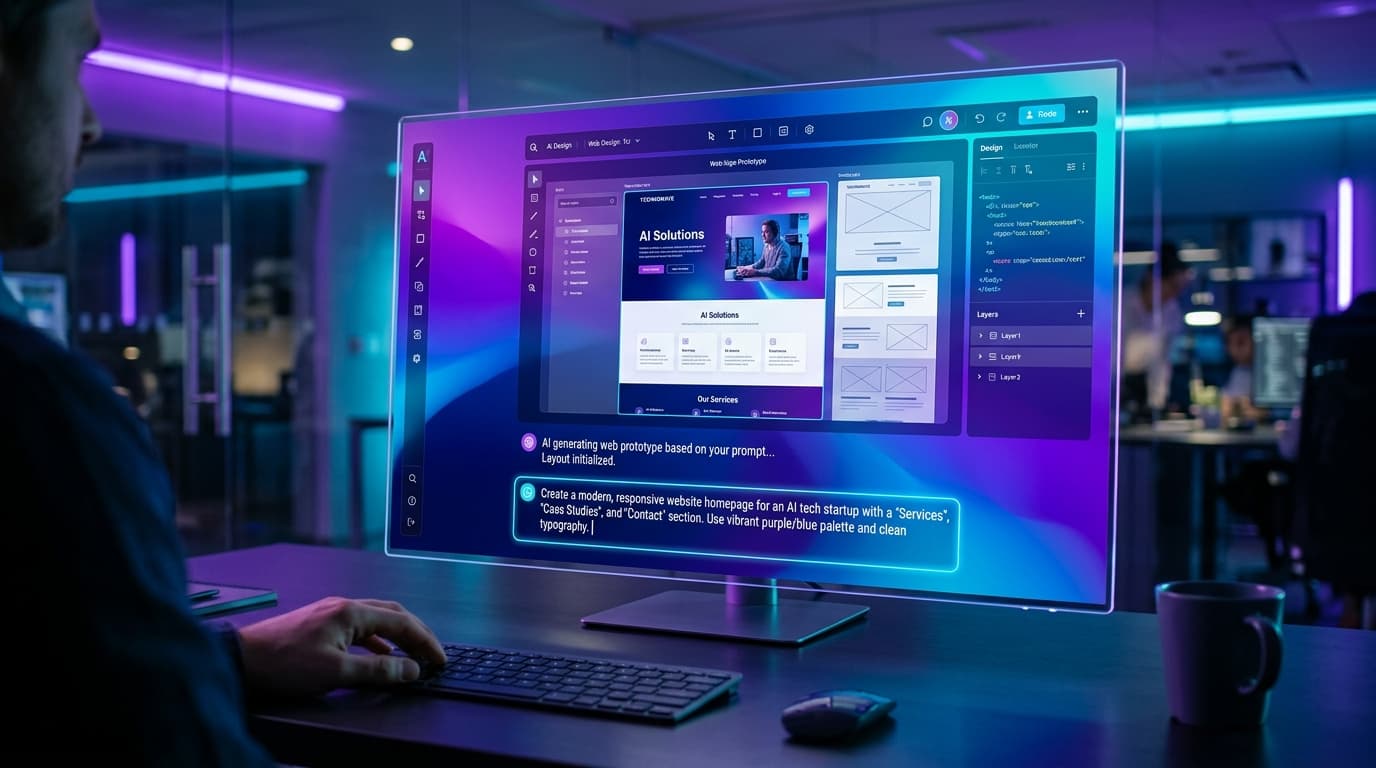 An AI-powered design interface showing a sleek, futuristic screen with a conversational prompt box,