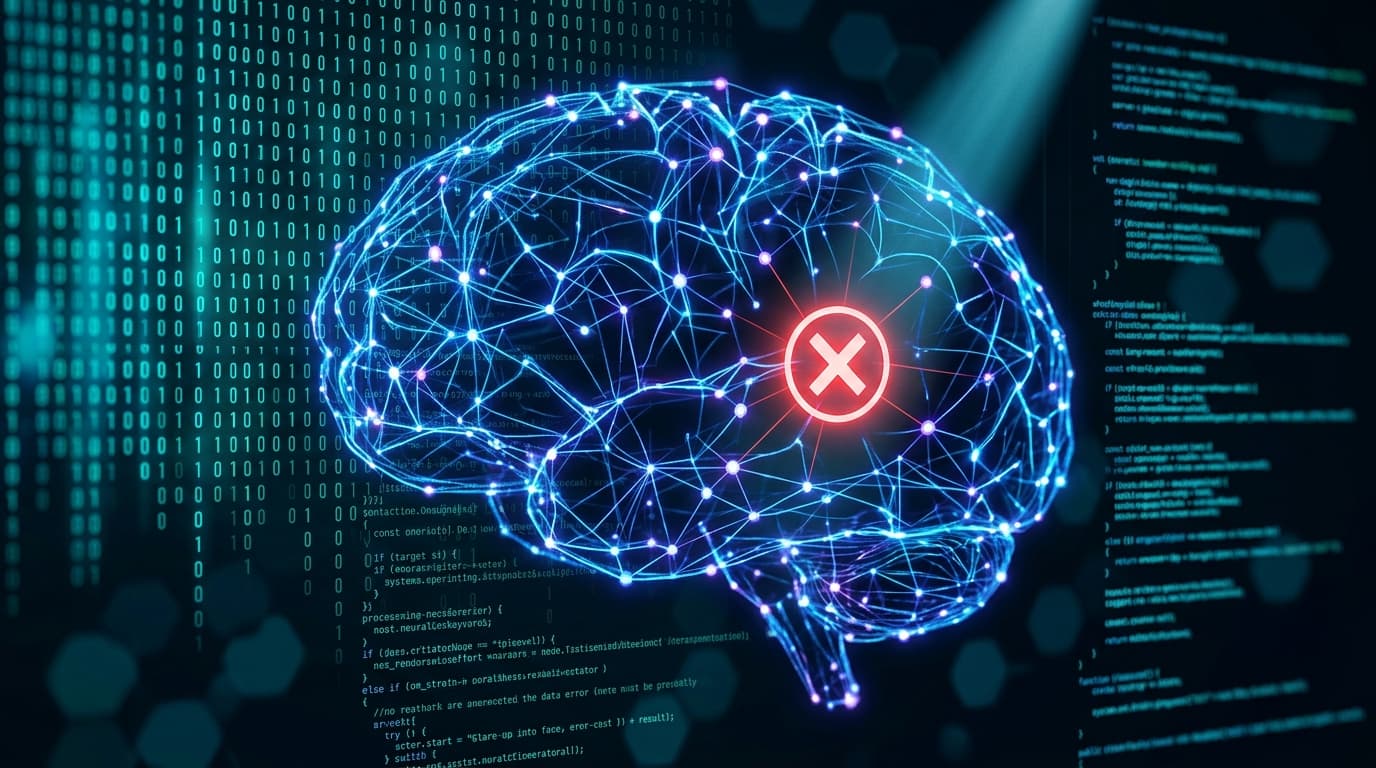 An abstract, glowing digital brain structure, code lines floating in the background, a spotlight foc