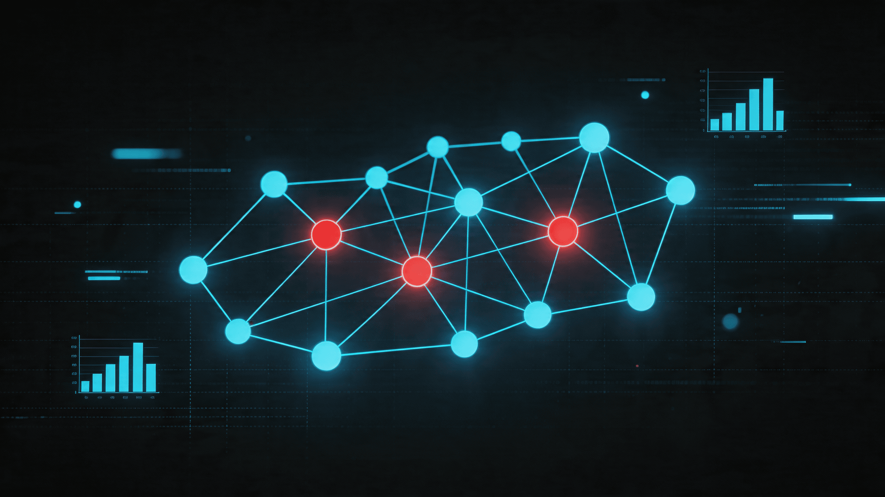 A sophisticated digital security interface with complex data visualization, glowing nodes and connec
