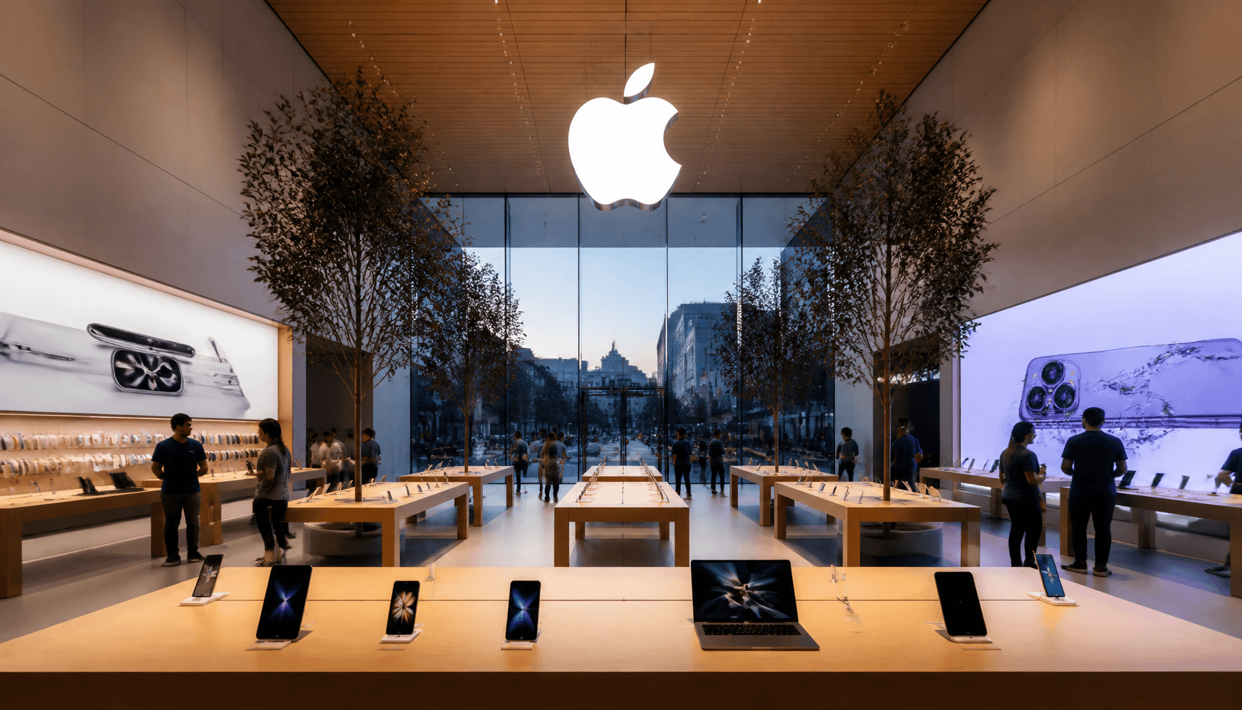 A modern Apple store interior with glowing screens, high-end photography, cinematic lighting, sleek