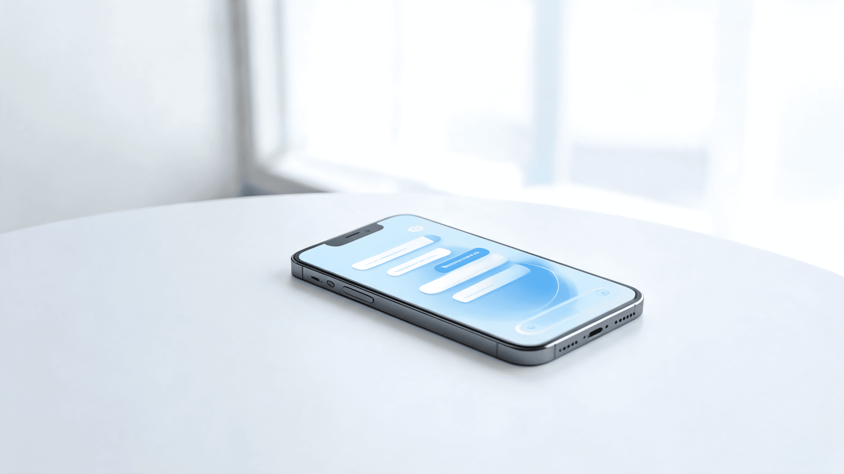 A modern iPhone screen displaying a sleek AI interface in a bright, minimalist setting, professional