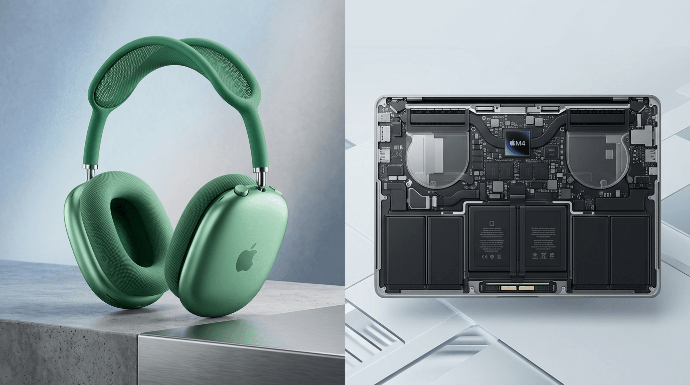 A split-screen visual: On the left, a pair of sleek AirPods Max 2 in a vibrant new color. On the rig