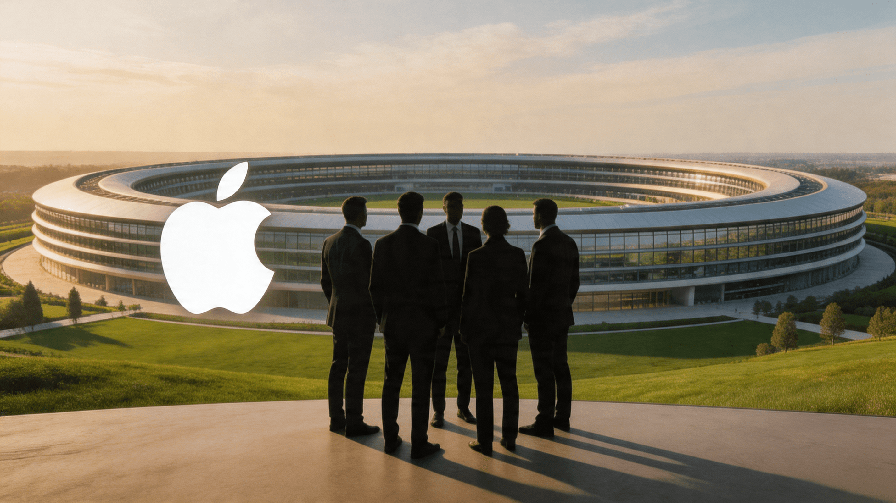 A professional portrait-style digital composite featuring Apple's current branding, with silhouetted