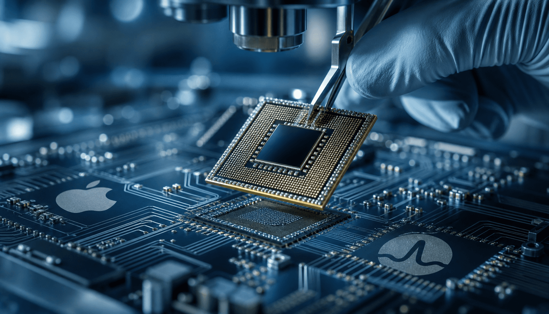 A close-up of a high-tech semiconductor chip in a cleanroom environment, with the Apple and Broadcom