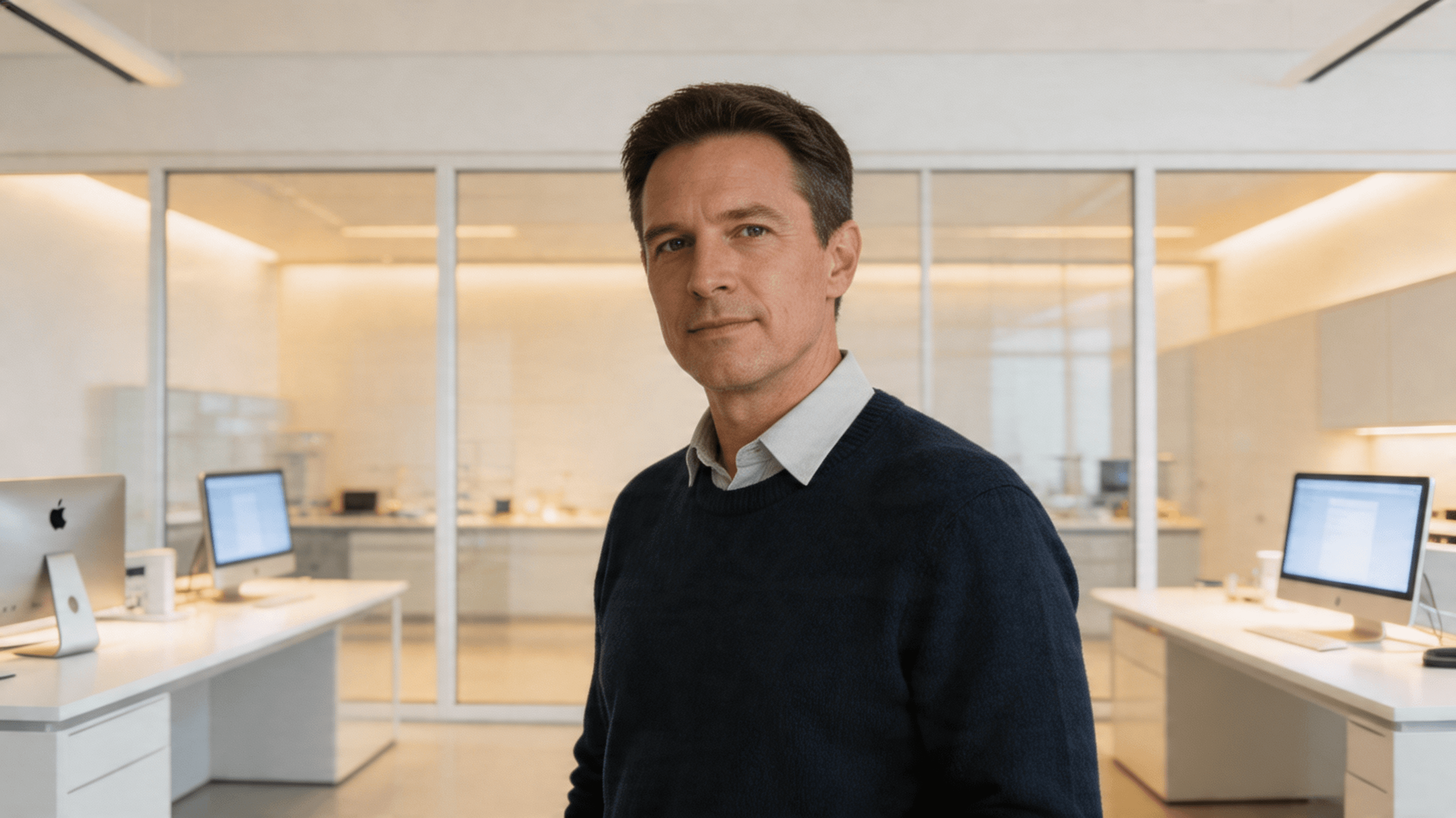 A professional portrait of John Ternus standing inside a modern, sleek Apple design laboratory with