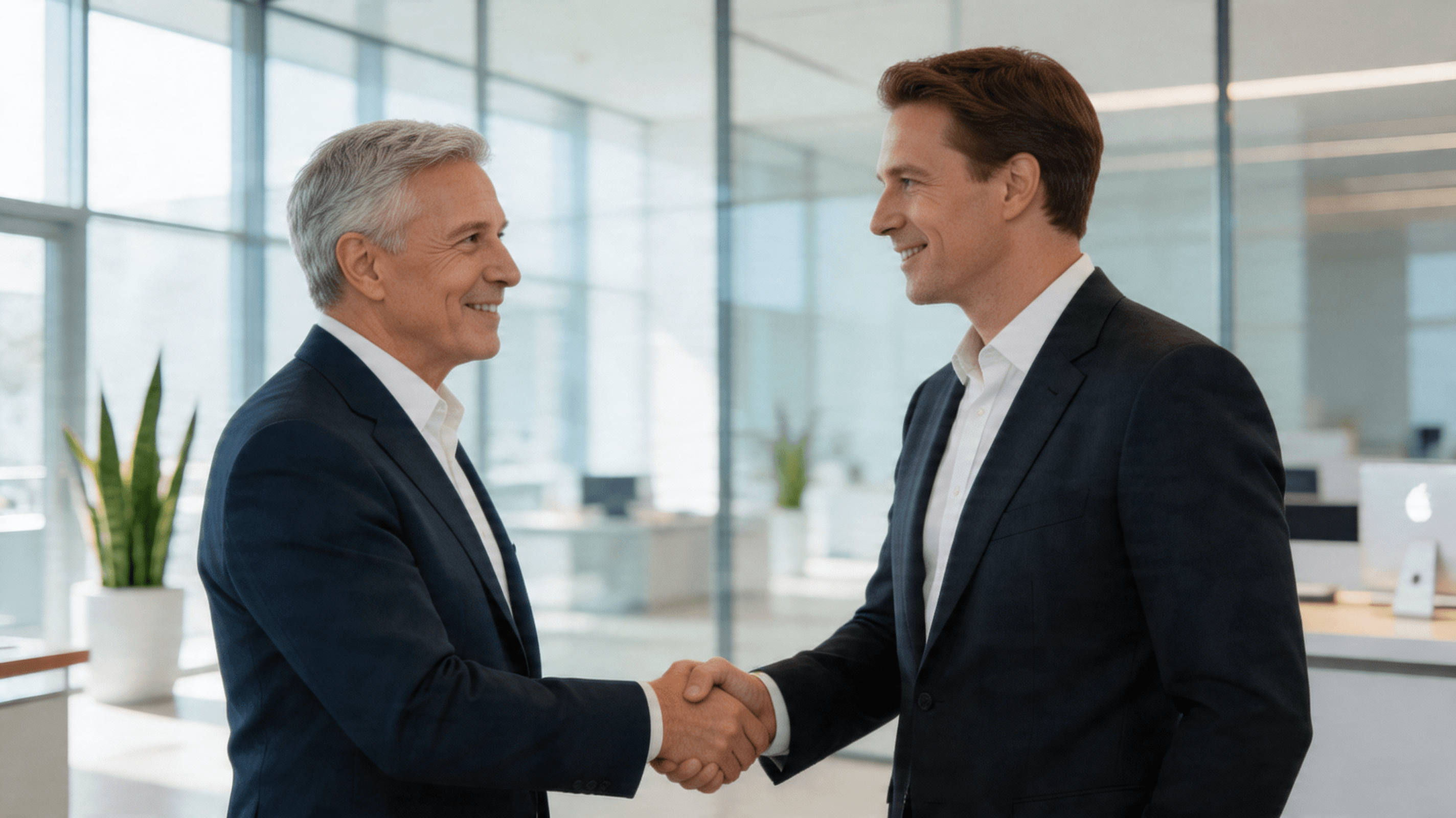 A high-quality, professional photograph of John Ternus and Tim Cook shaking hands in a bright, moder