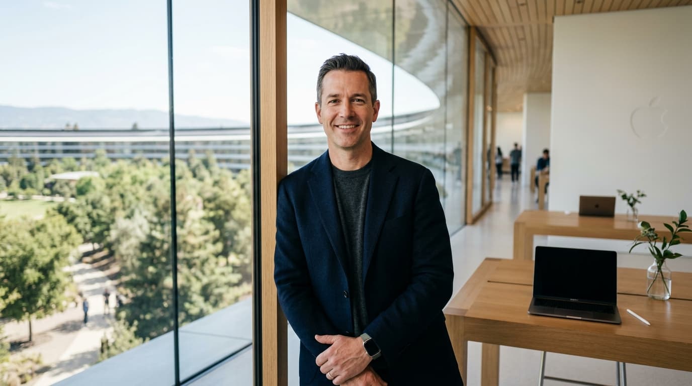 A modern, professional portrait of John Ternus, the incoming Apple CEO, set in a clean, minimalist A