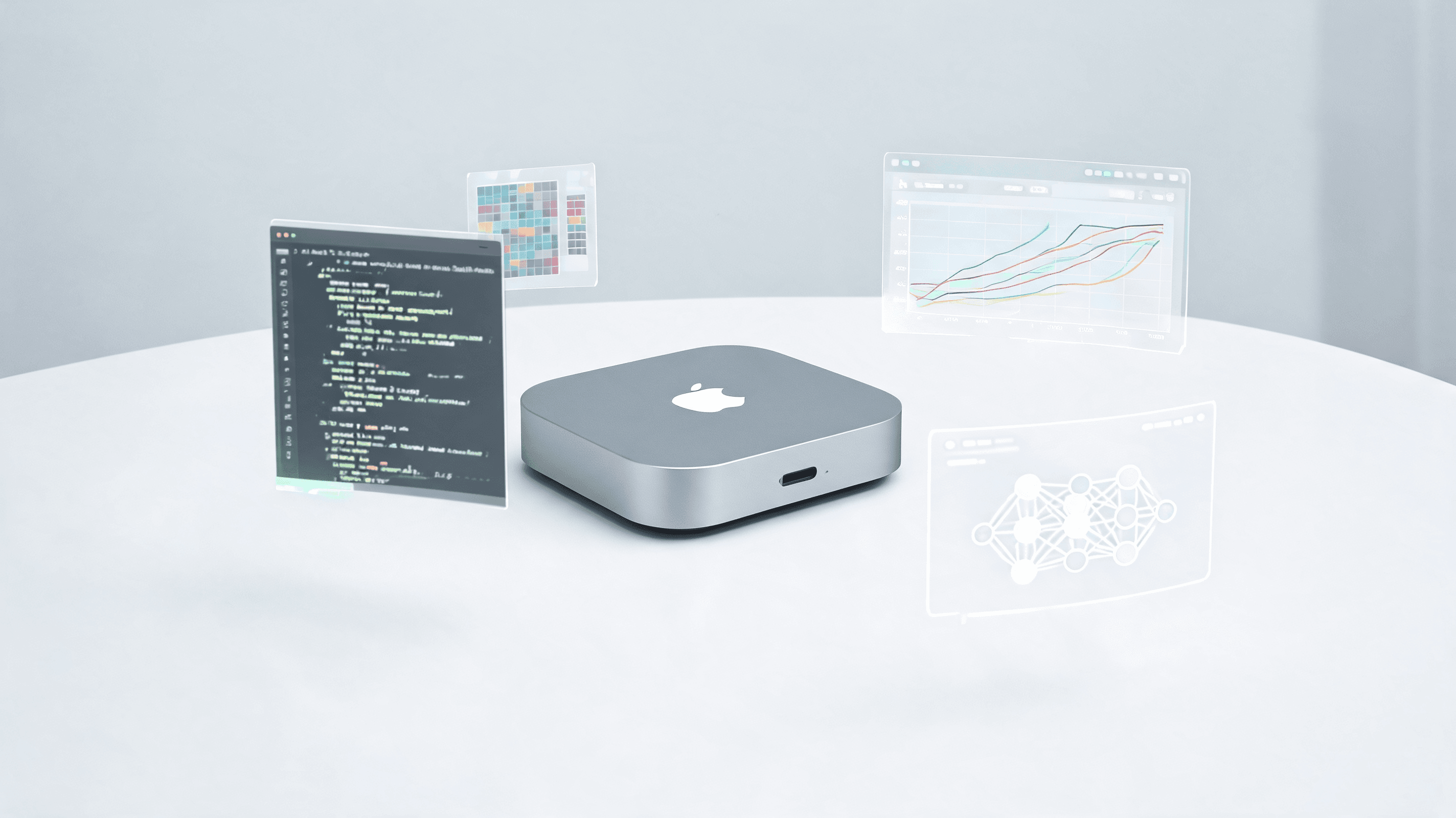 A minimalist studio shot of a Mac mini on a clean desk, surrounded by complex digital data visualiza