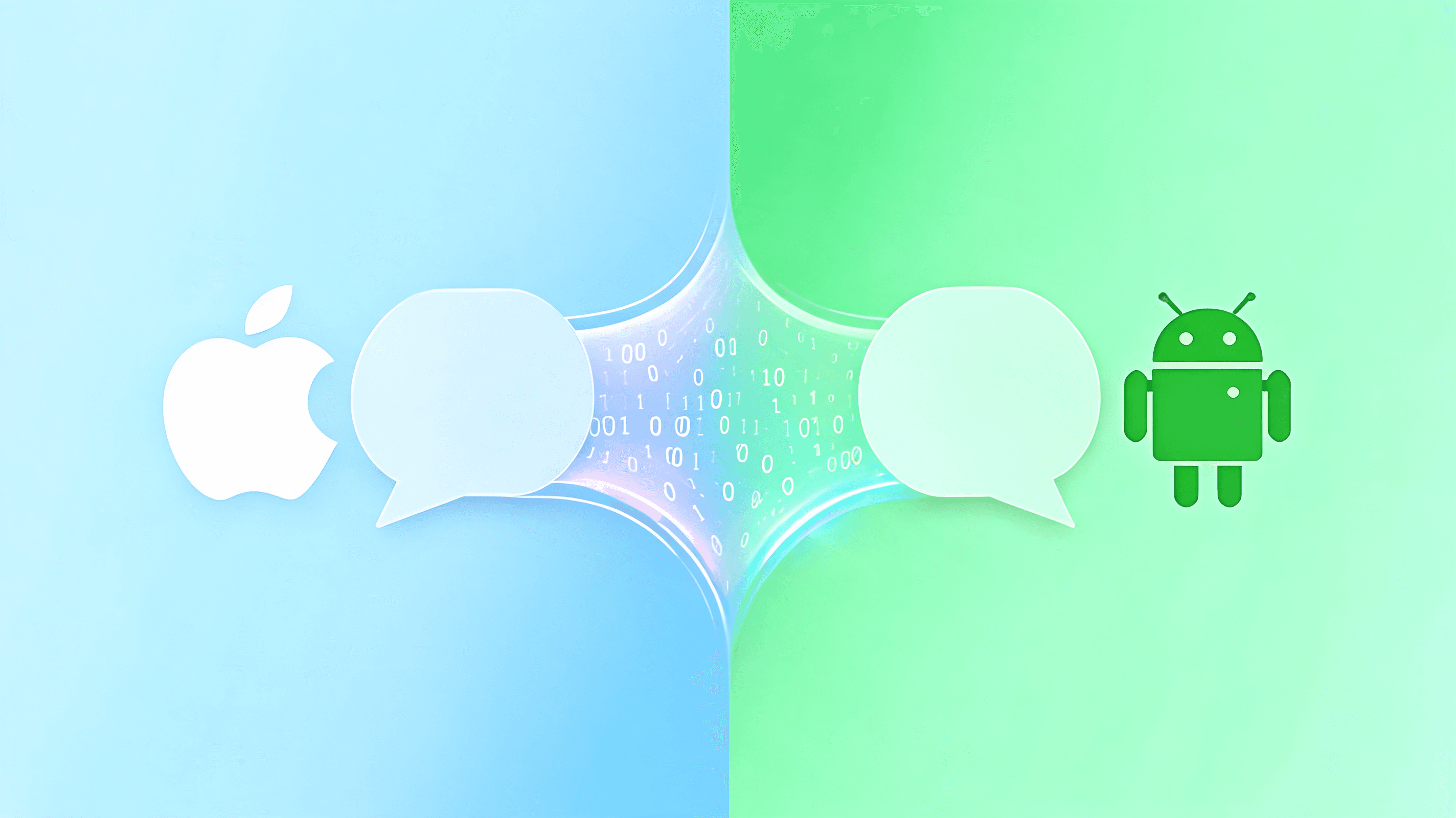 A modern, abstract representation of two different mobile operating systems connecting through a sec