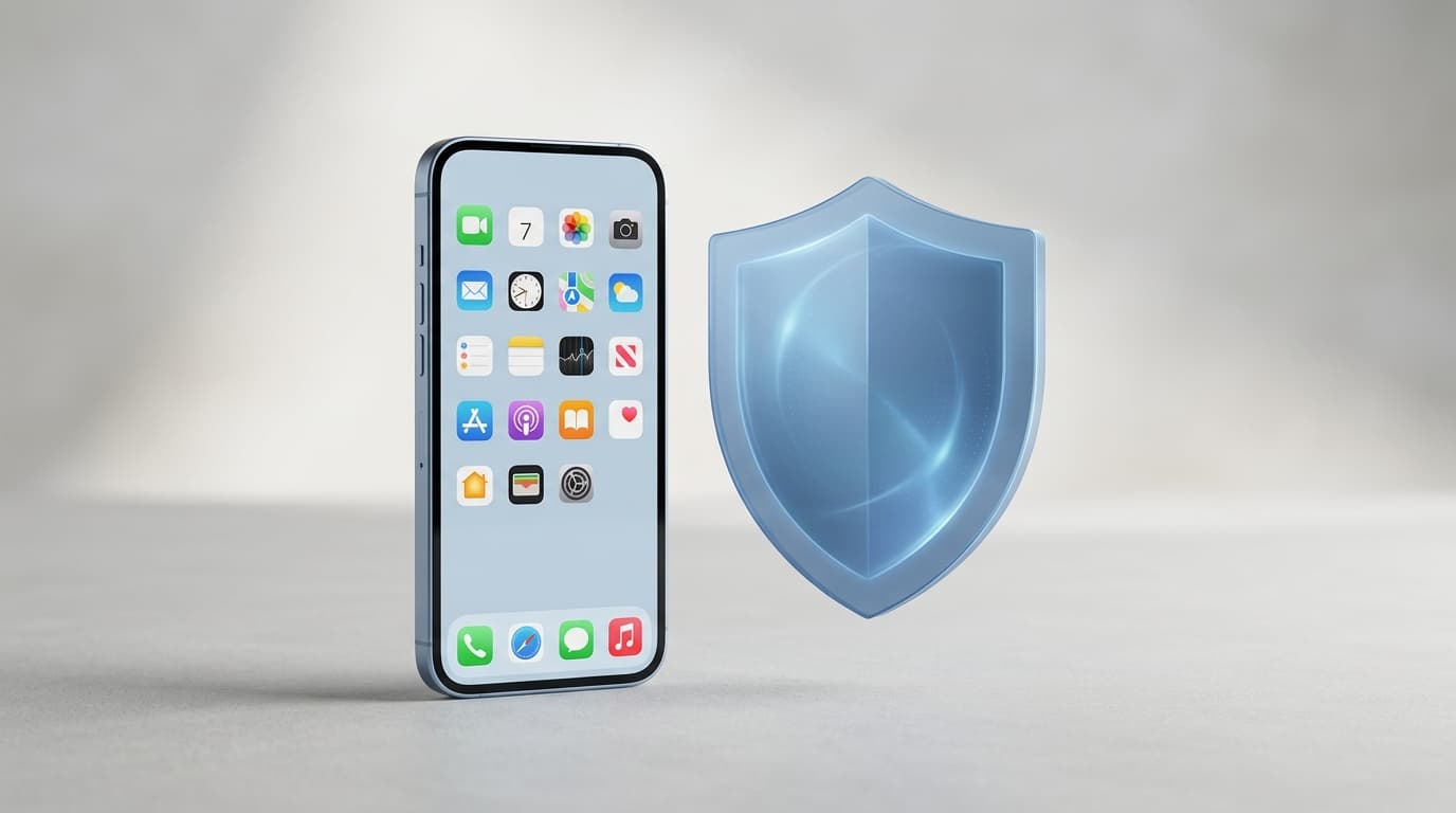 A clean, minimalist product shot of the iPhone 17e next to a digital shield icon representing backgr