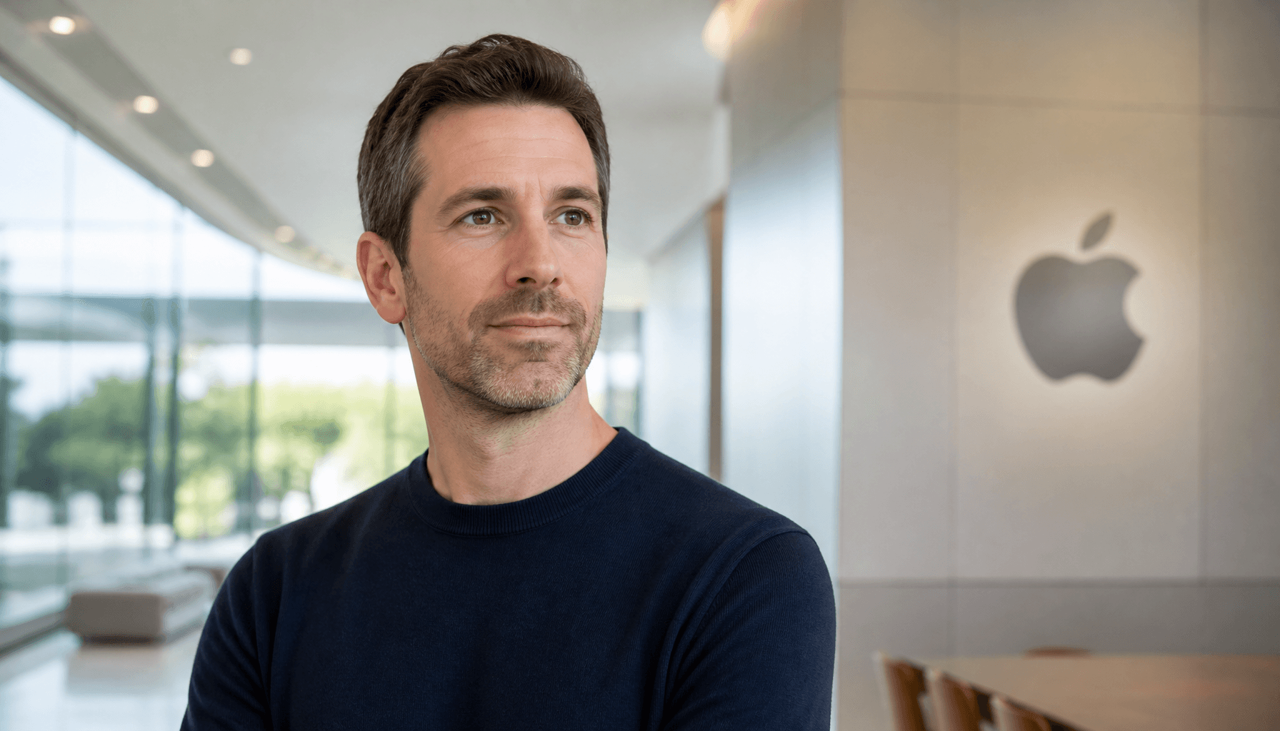 A professional portrait of John Ternus with a clean, modern Apple-style office background, suggestin