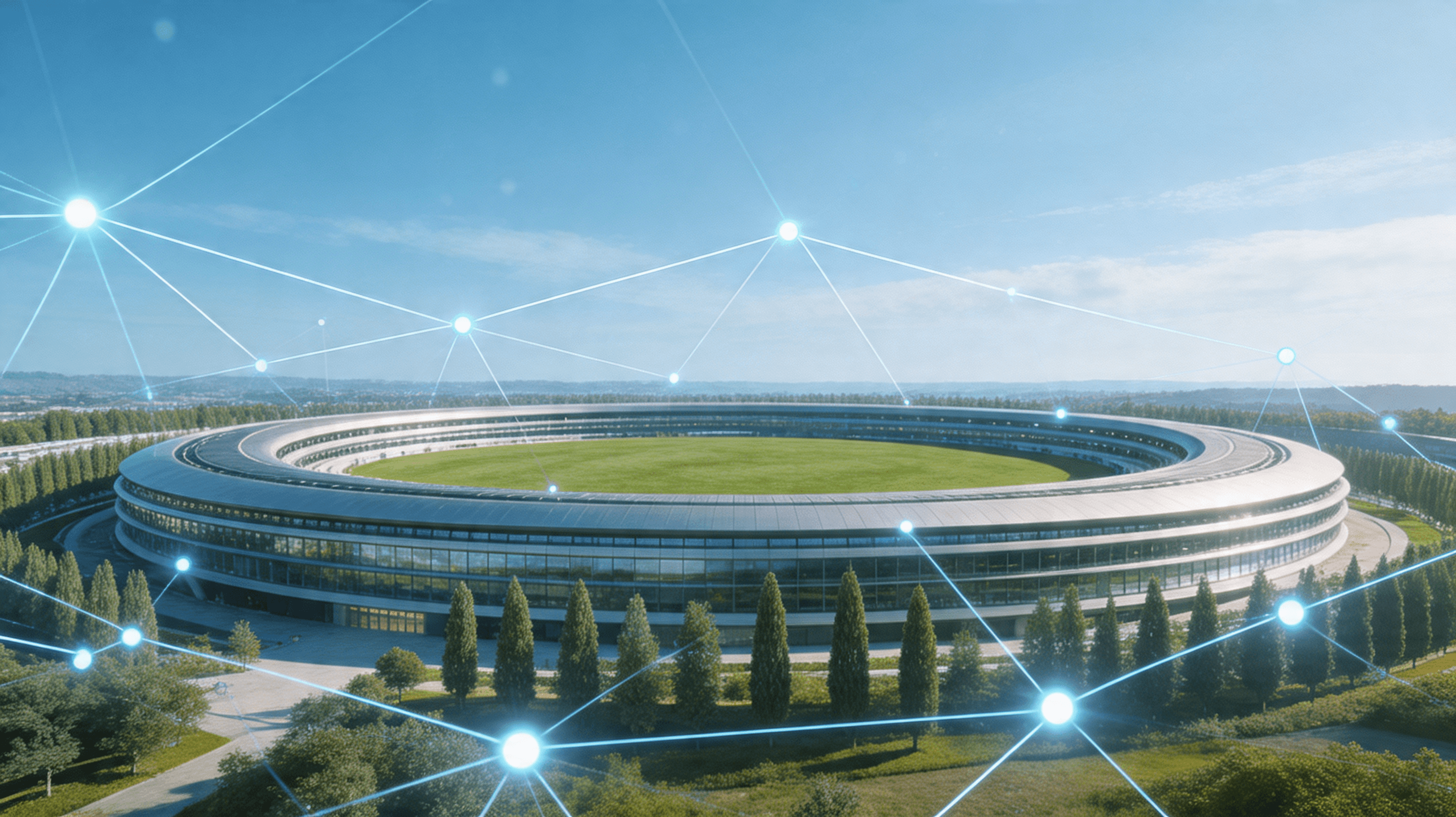 Apple headquarters (Apple Park) in daylight, digital artistic overlay showing connection nodes and t