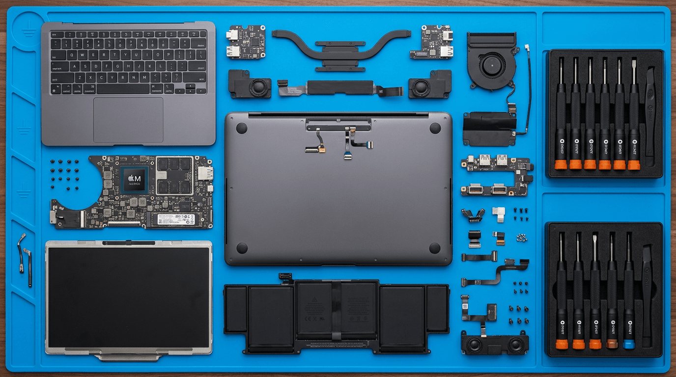 A high-resolution overhead shot of a disassembled MacBook Neo on a blue anti-static mat, with variou