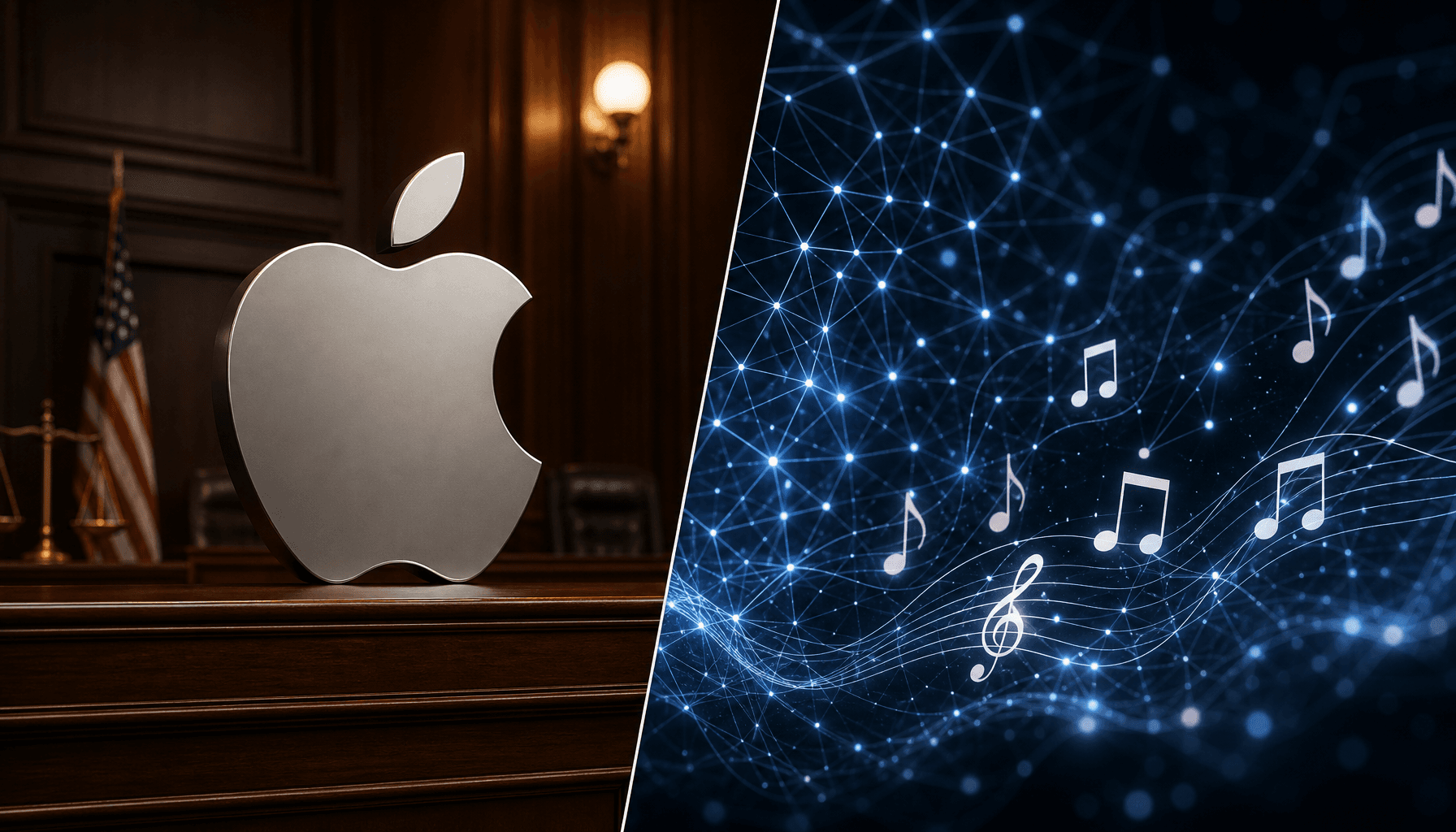 A conceptual image featuring a split screen: on one side, a sleek Apple logo in a courtroom setting;