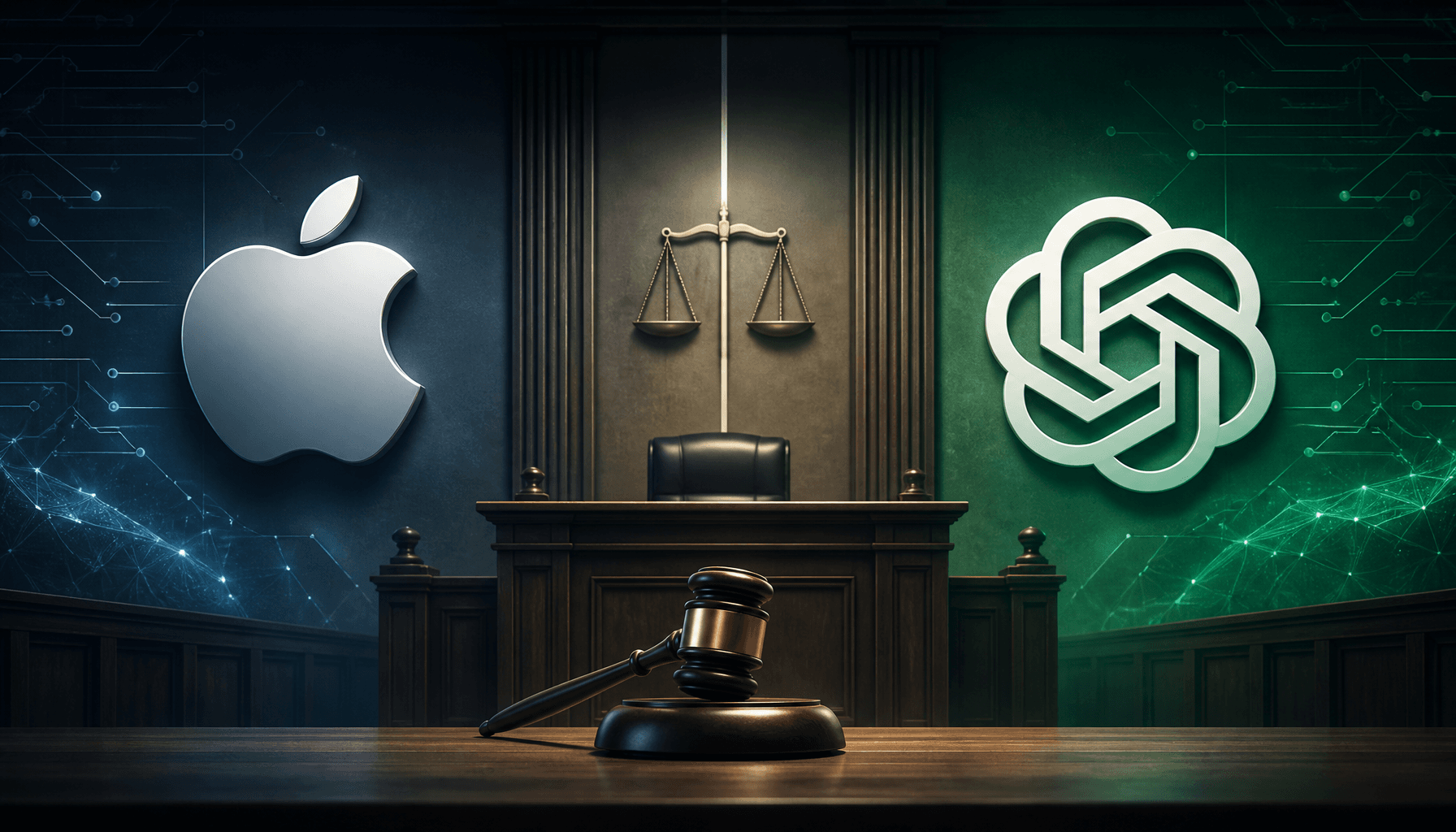 A courtroom setting with a sleek, minimalist Apple logo on one side and the OpenAI logo on the other