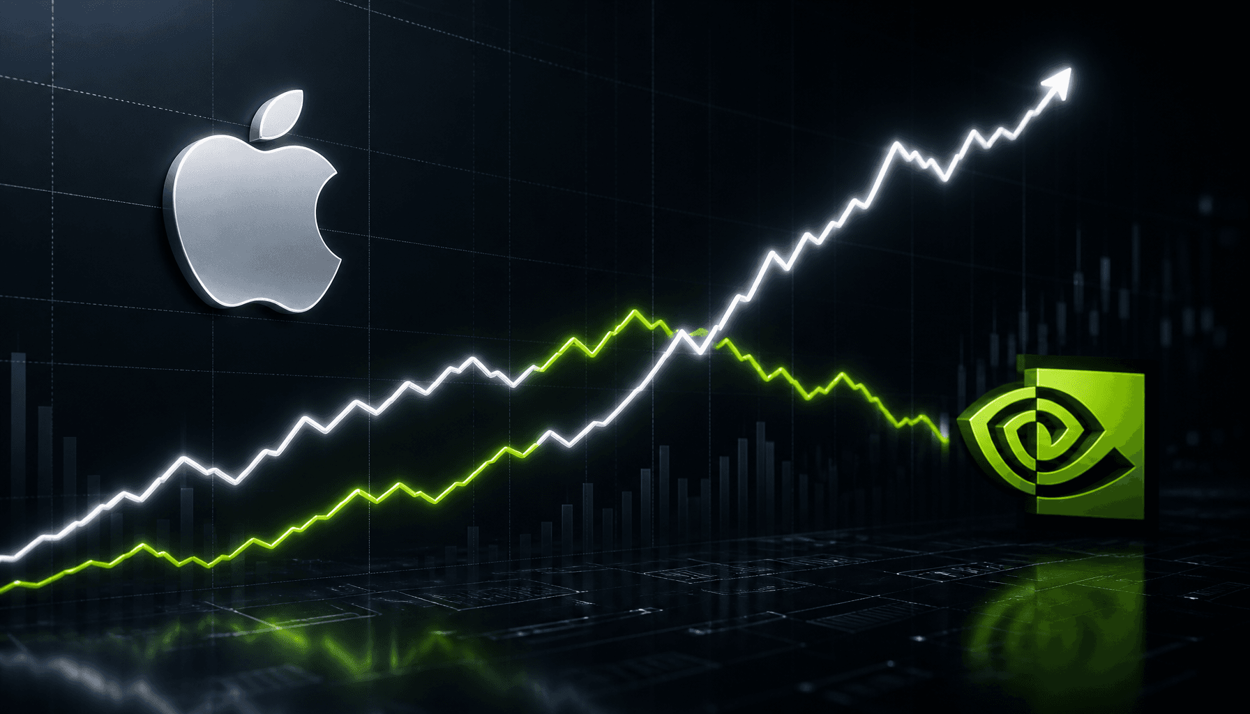 A modern, sleek financial data visualization showing a line graph where the Apple logo line crosses