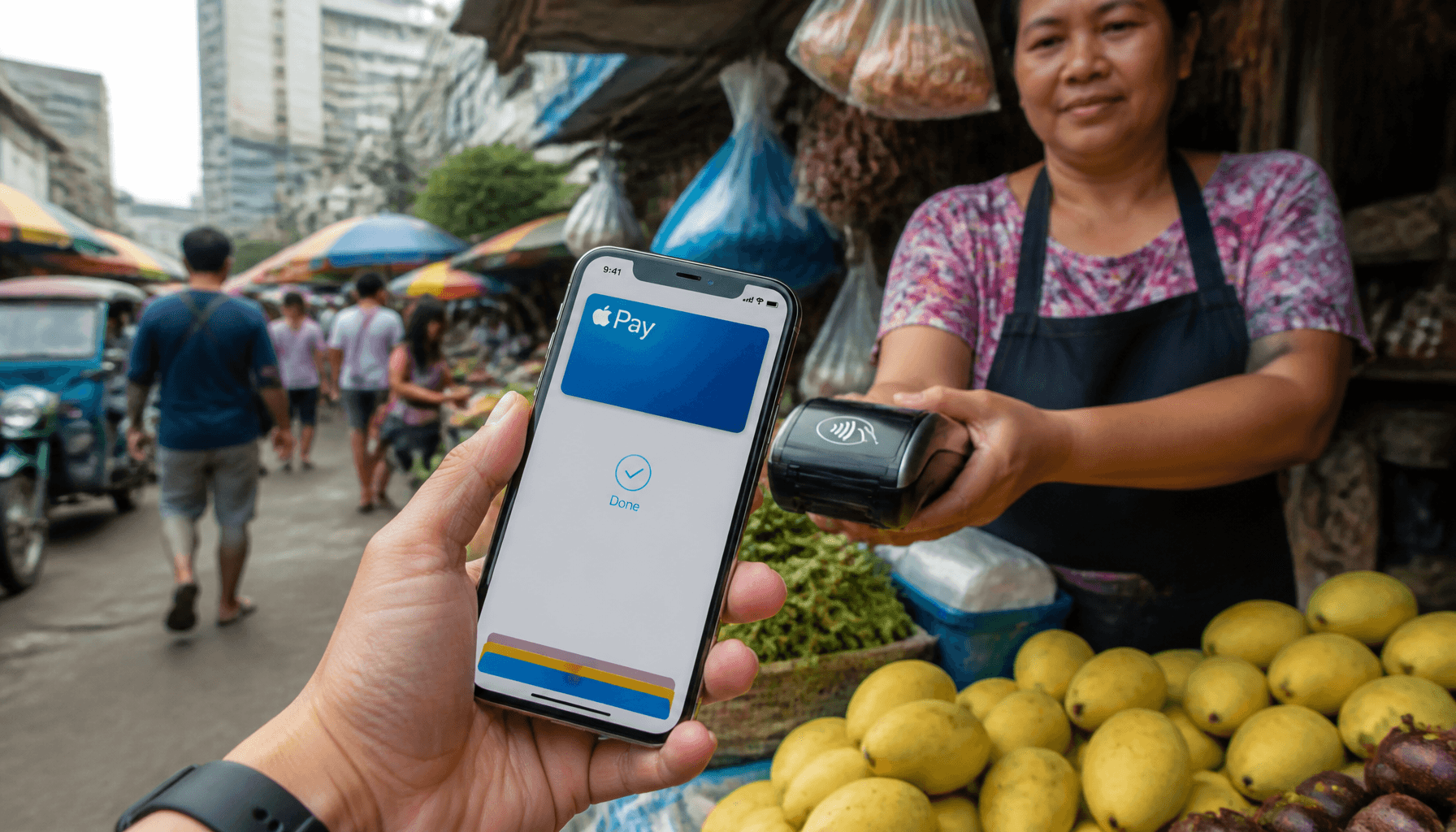 A modern smartphone showing an Apple Pay interface in a busy Manila street market, bridging the gap