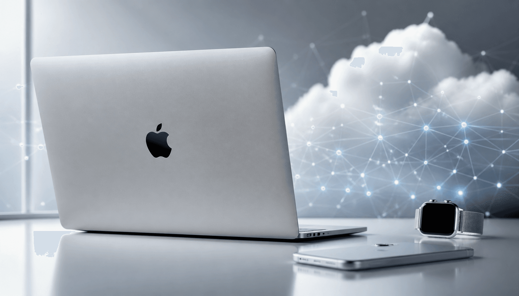 A modern, minimalist Apple product aesthetic, sleek silver tones, subtle digital overlay of neural n