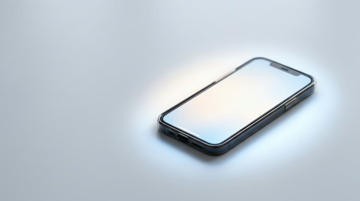A clean, minimalistic Apple-style product photography shot of an iPhone, with a soft glowing light e