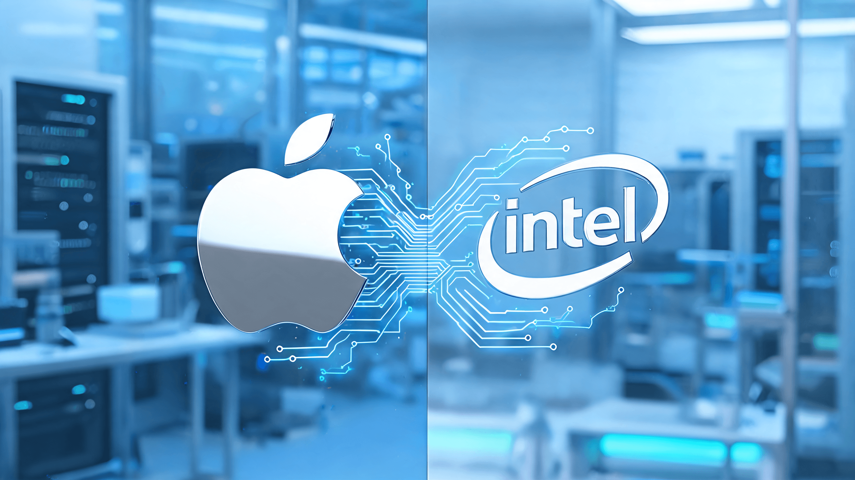 A sophisticated split-screen graphic showing the iconic Apple logo and Intel branding coming togethe