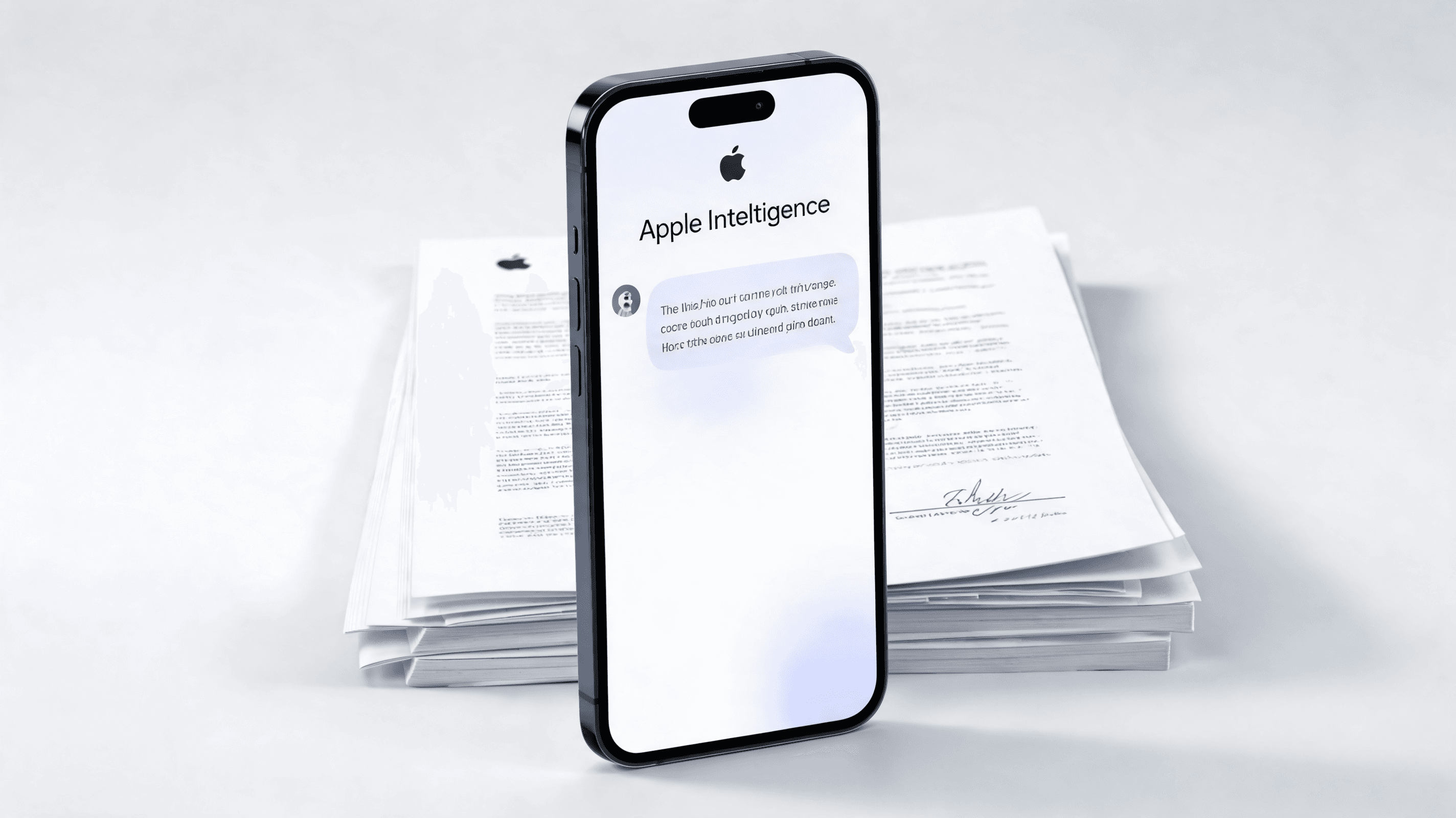 An iPhone mockup displaying a futuristic Apple Intelligence interface, with legal document backgroun