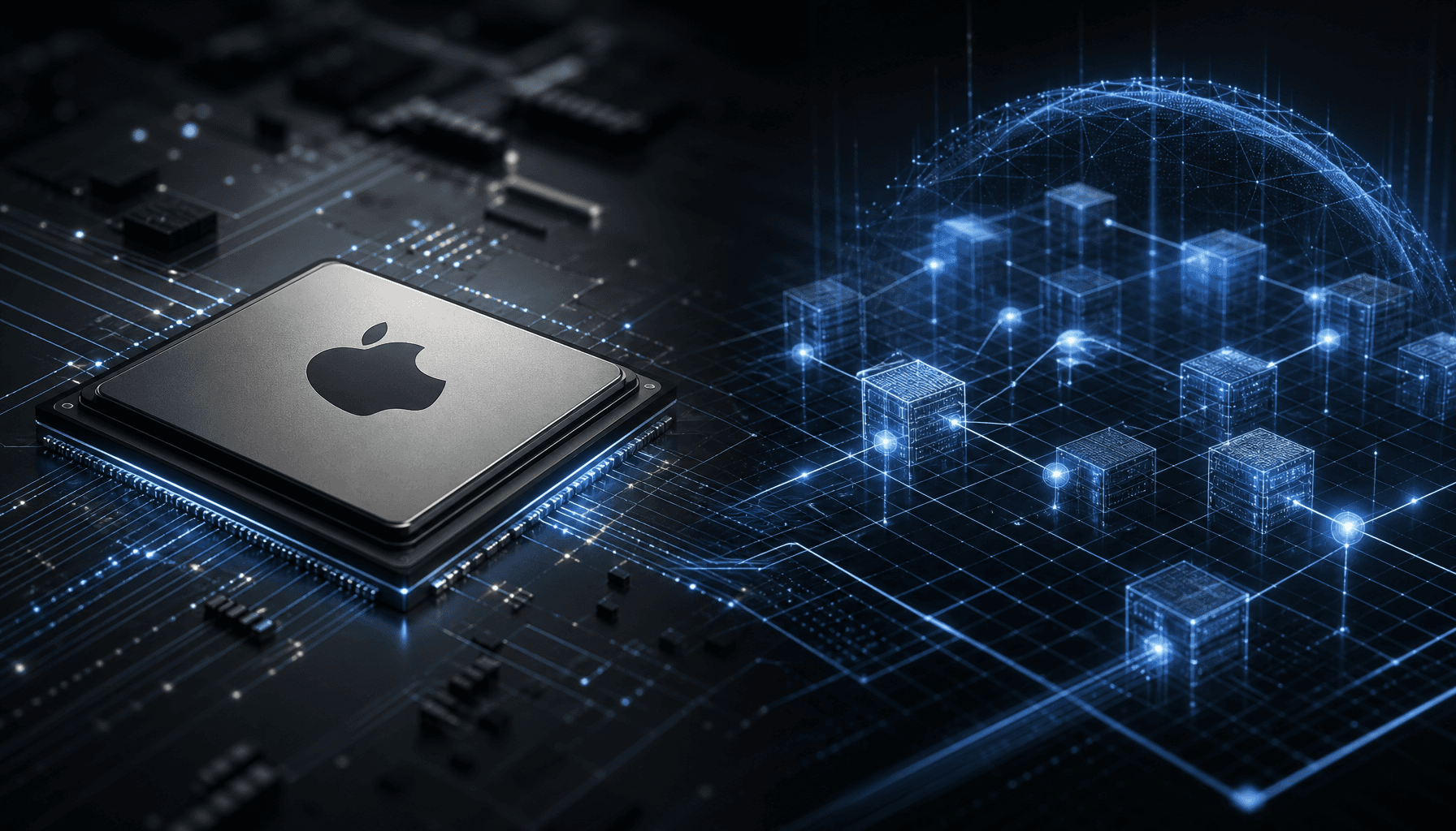 A high-tech conceptual image showing a sleek, metallic Apple chip design being analyzed by a futuris
