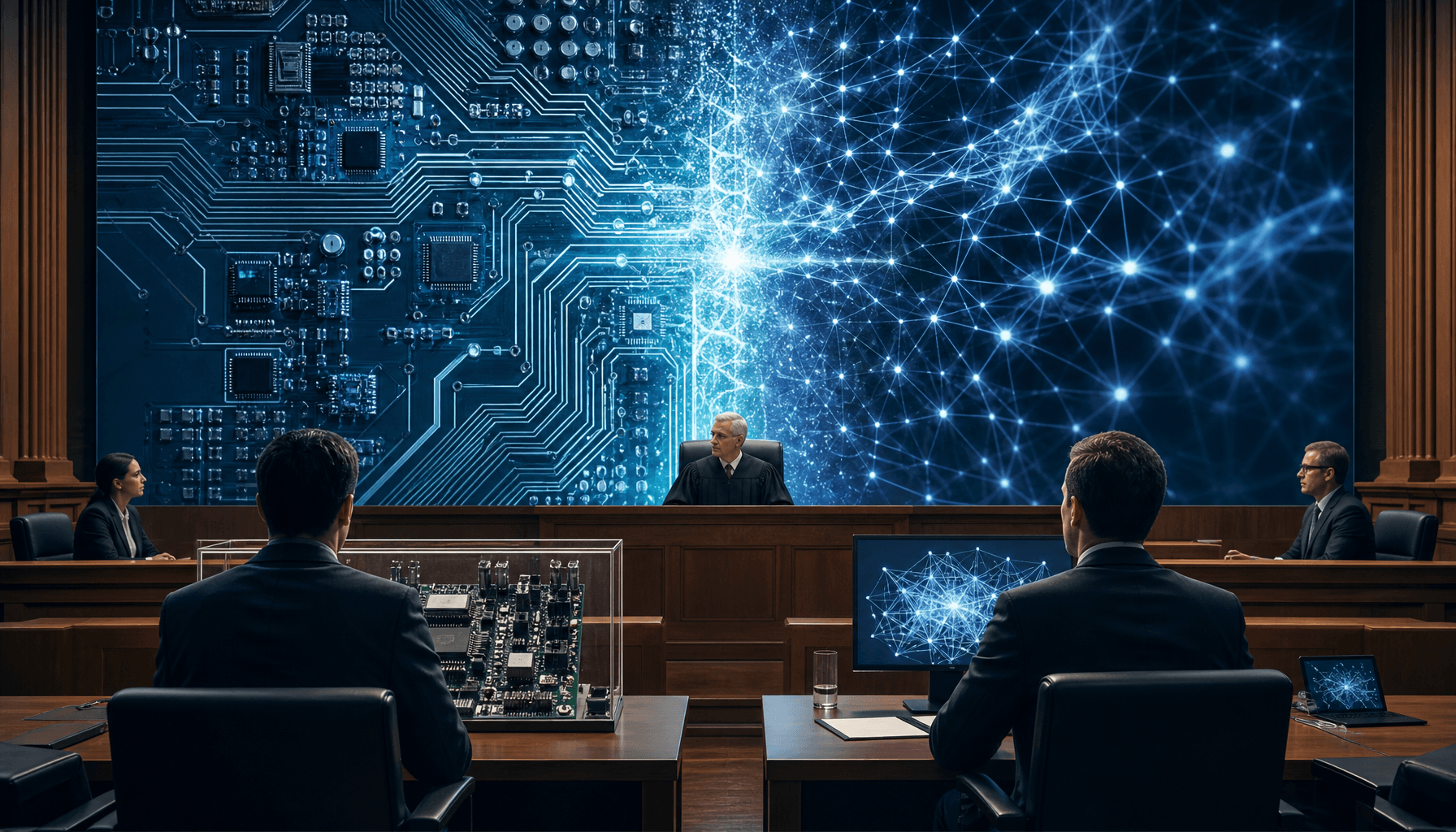 A high-tech courtroom scene featuring a digital representation of a circuit board merging with an ab