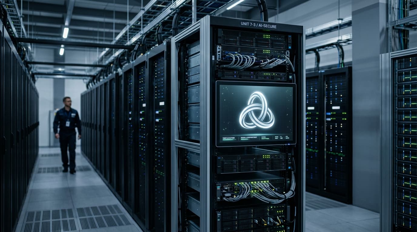 A modern data center interior with a glowing, stylized 'Trinity' digital logo on a server rack scree