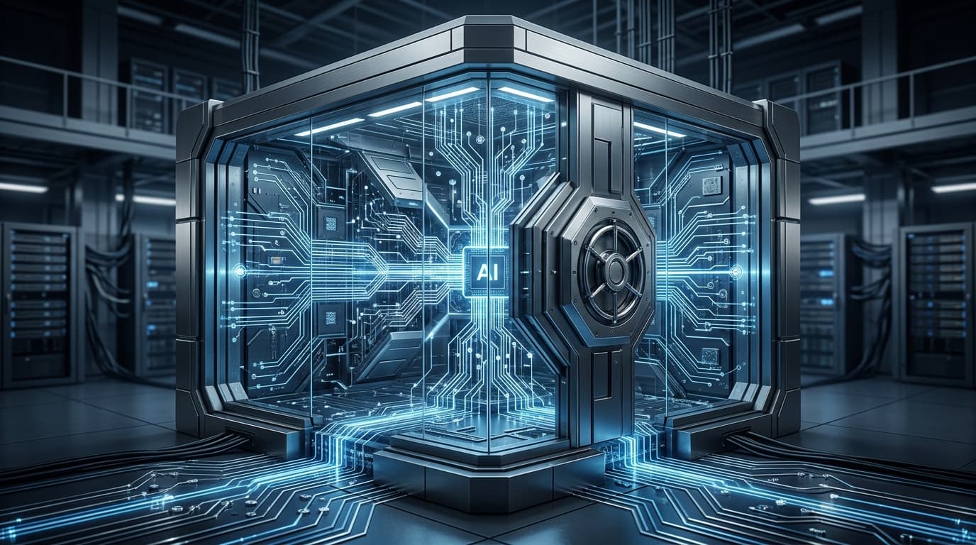 An artistic visualization of a secure digital vault, with intricate data circuits glowing in blue an