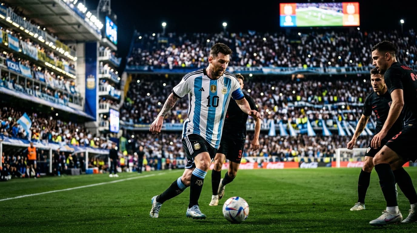 A dramatic soccer match scene at night in a crowded stadium, Lionel Messi in blue and white striped