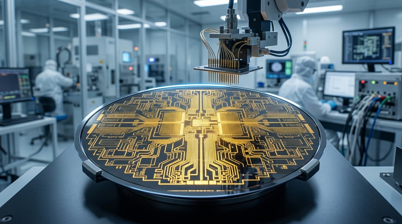 A macro shot of a sophisticated silicon wafer with glowing golden traces, designed in a high-tech la