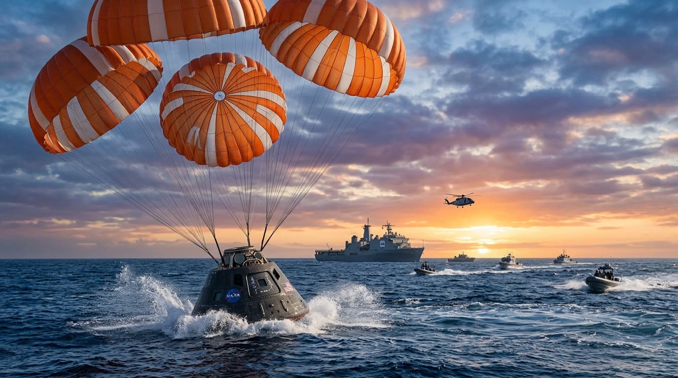 A cinematic shot of the Orion capsule splashing down in the ocean with parachutes deployed, with res