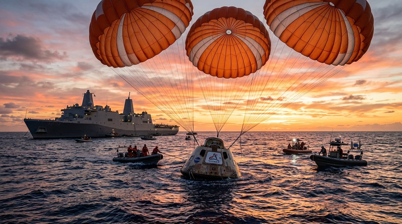 A cinematic shot of the Artemis II 'Integrity' capsule splashing down in the ocean with parachutes d